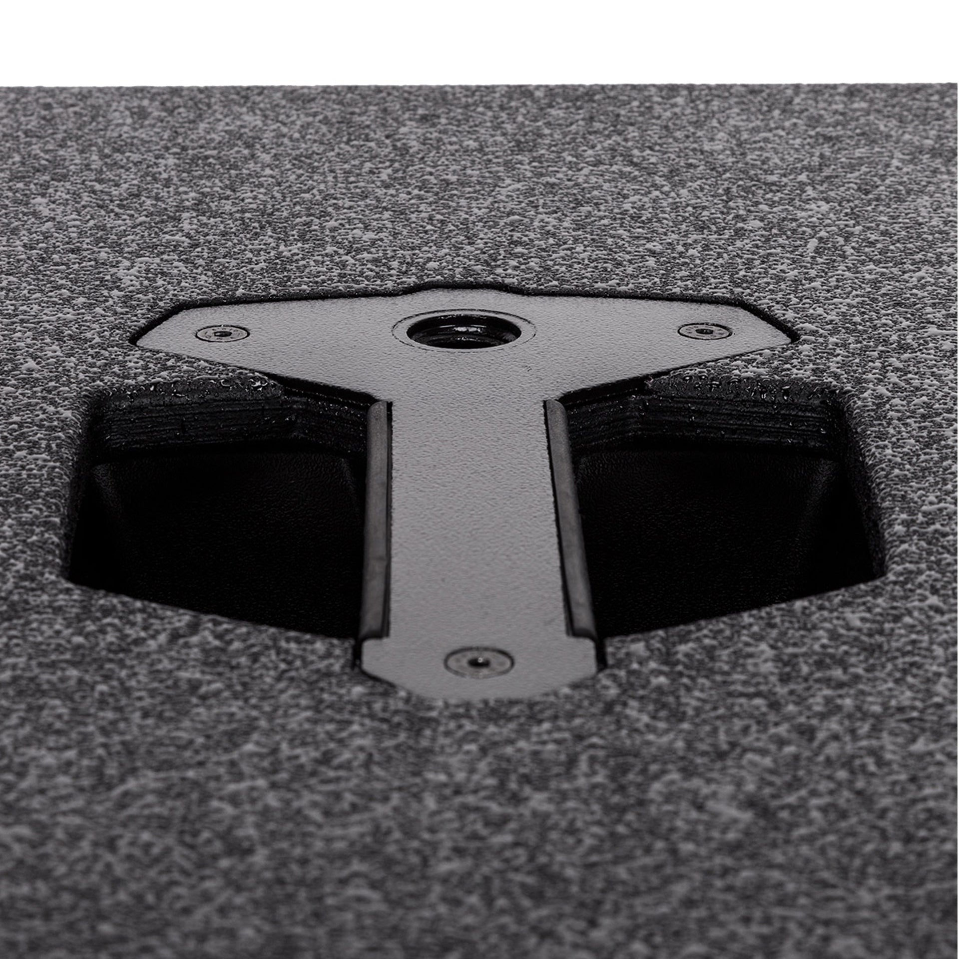 Bottom view of RCF EVOX 12 base cabinet with 15 inch woofer housing