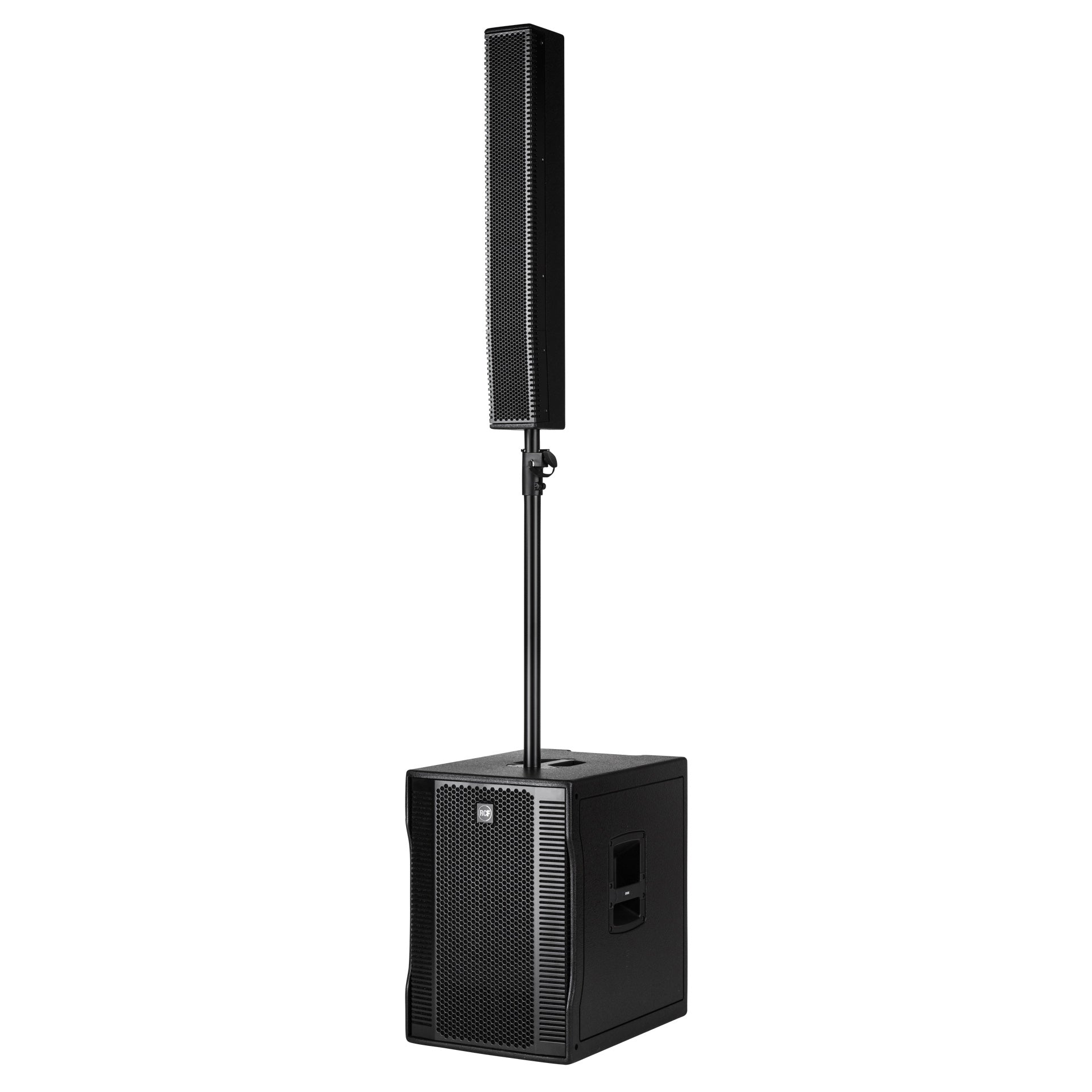 RCF EVOX 12 left side view showing cabinet depth and pole socket