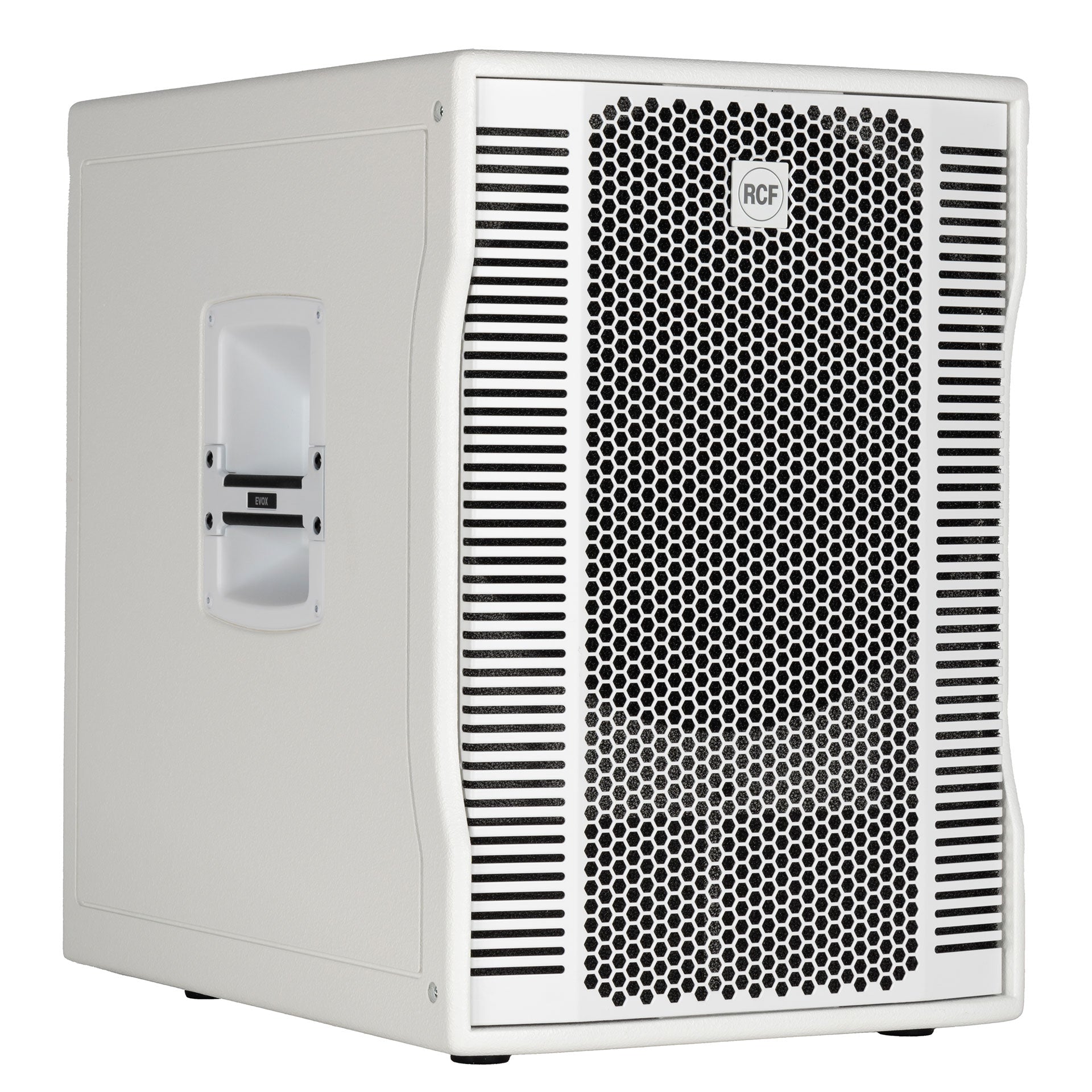 Right profile view of RCF EVOX 12 active two-way array system -White