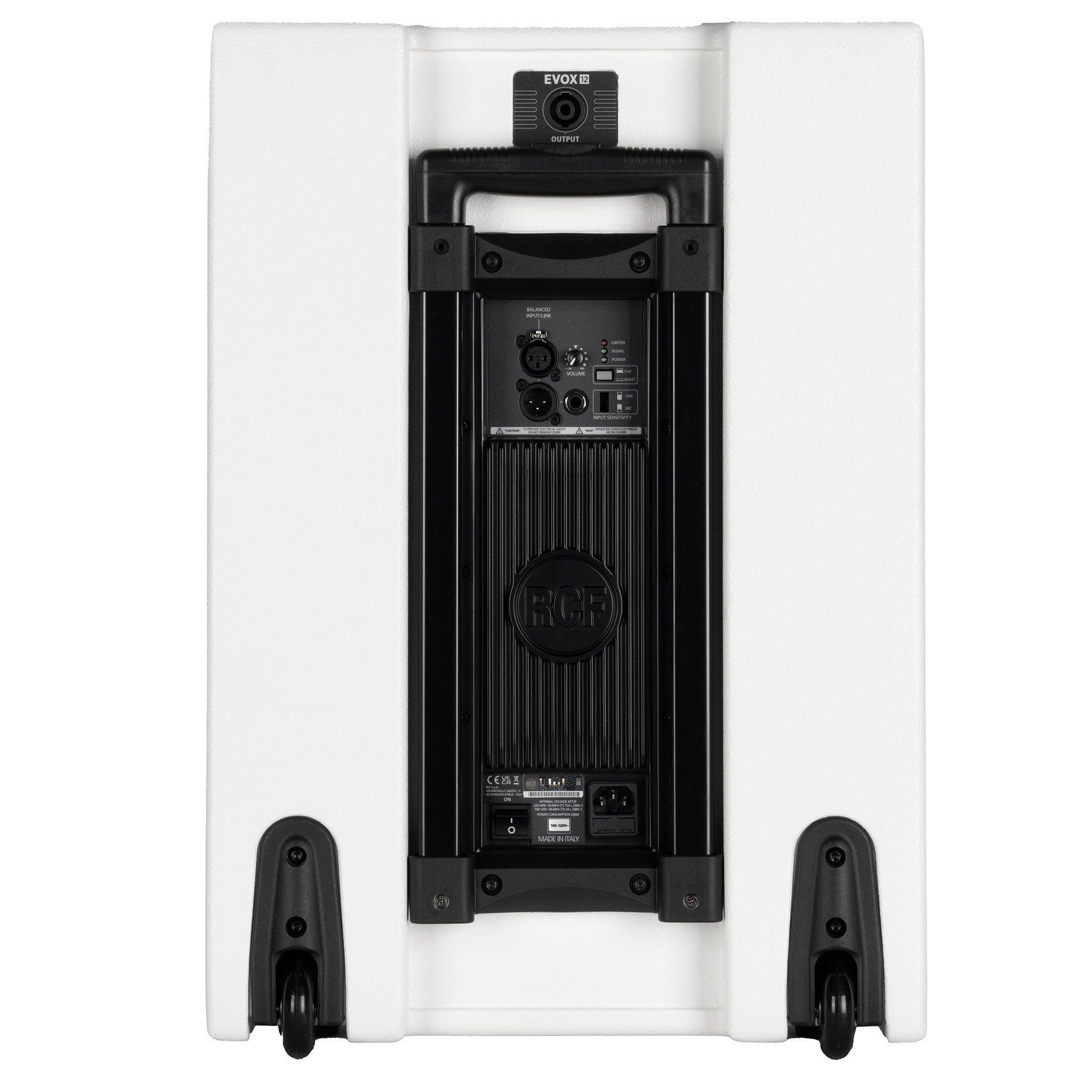 RCF EVOX 12 back view highlighting power section and connections-White