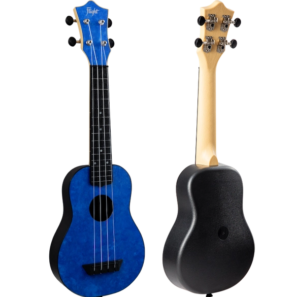 Flight TUS65 Sapphire soprano travel ukulele in vibrant blue finish, compact and lightweight design