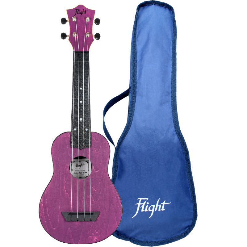 Flight TUS35 soprano ukulele in purple, lightweight travel-friendly design for beginners and musicians on the go