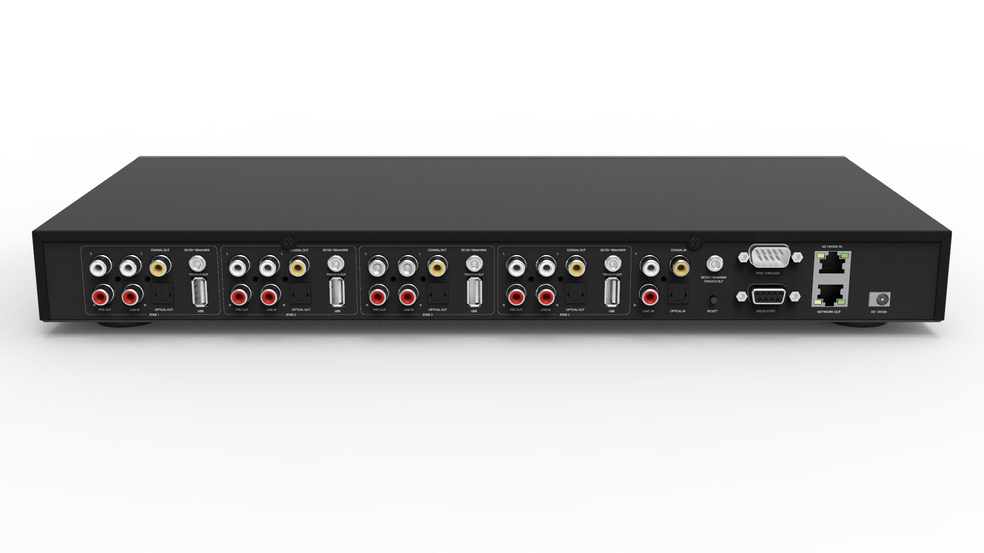 Arylic H400 preamplifier rear panel showing 4-zone RCA outputs, network port and input jacks