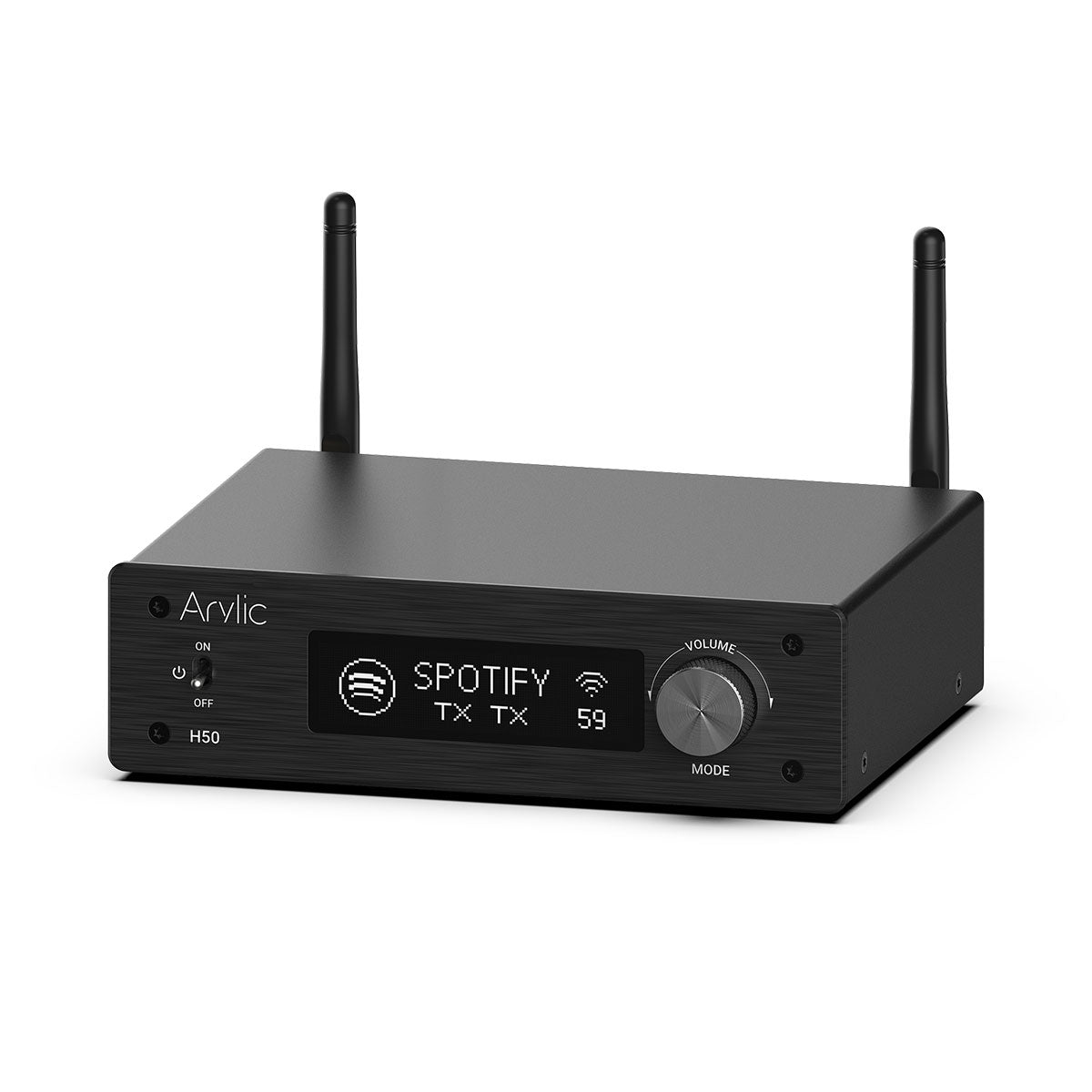 Arylic H50 wireless stereo amplifier, full front view showing display, knob and compact body