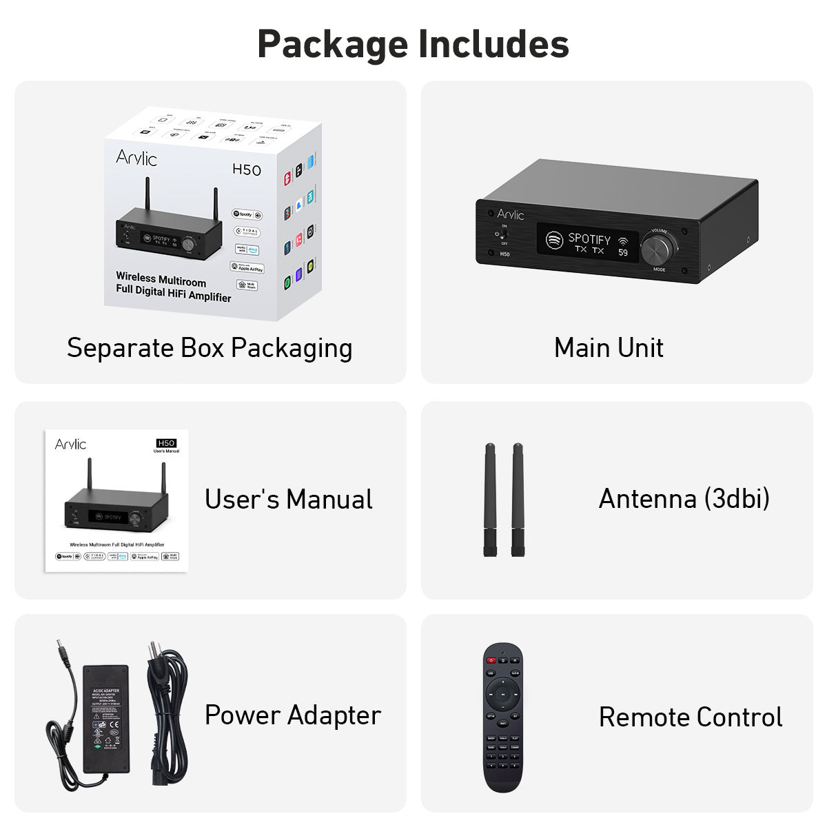 Arylic H50 wireless stereo amplifier flat lay with speaker cables and remote on neutral surface andList of package contents including separate box packaging, main unit, user's manual, antenna, power adapter, and remote control 