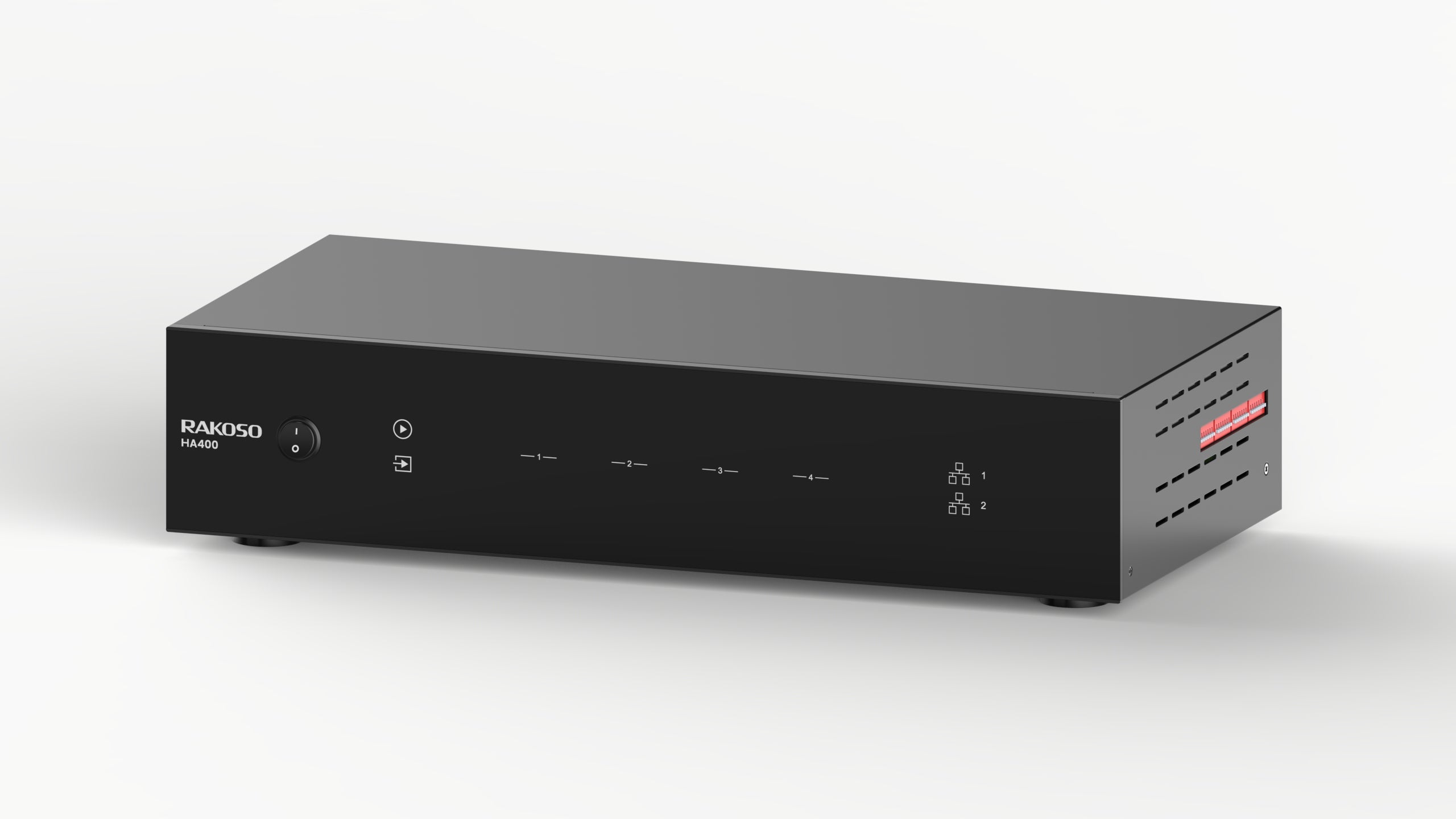 Left side profile of Arylic HA400 4-zone network amplifier showing ventilated aluminium chassis