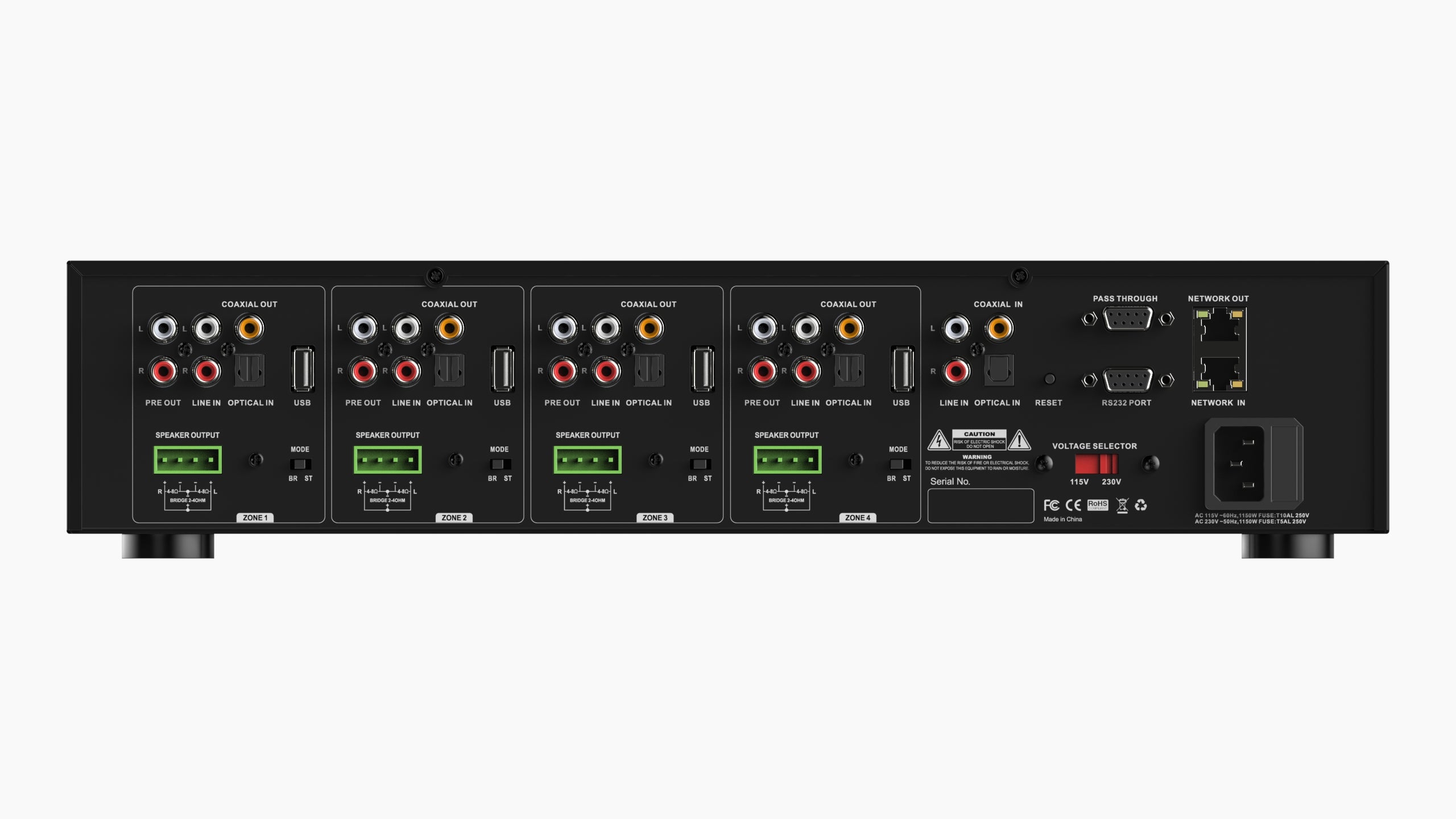 Arylic HA400 rear panel showing 4-zone speaker terminals, network port and input connections