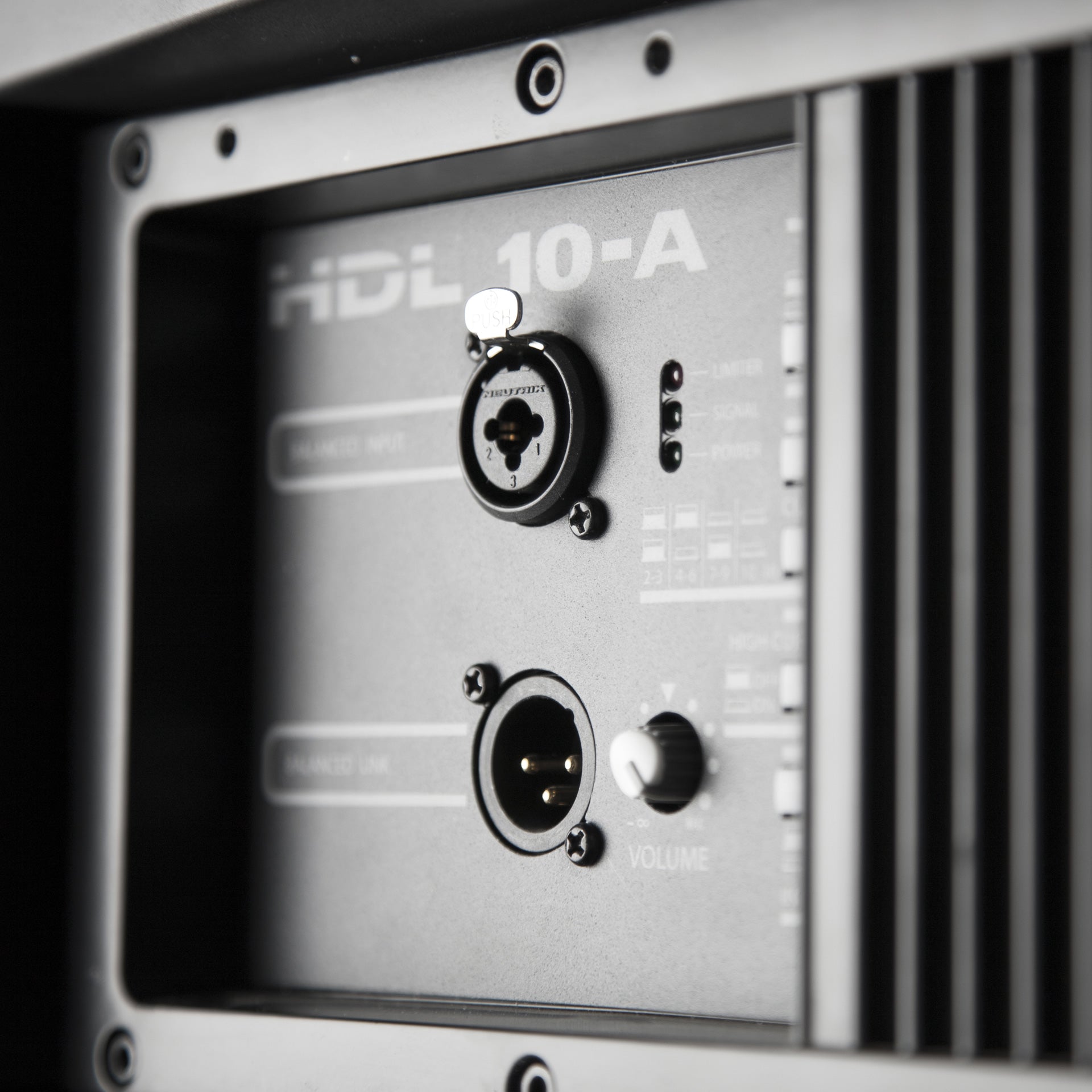 RCF HDL 10-A Active Line Array Module XLR input and output close-up