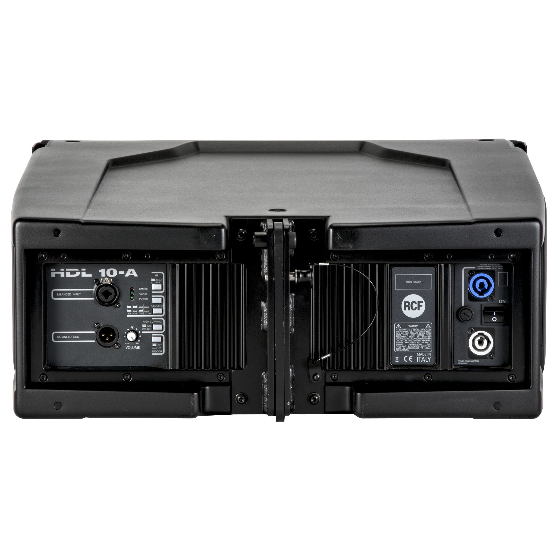 RCF HDL 10-A Active Line Array Module back view showing amplifier panel