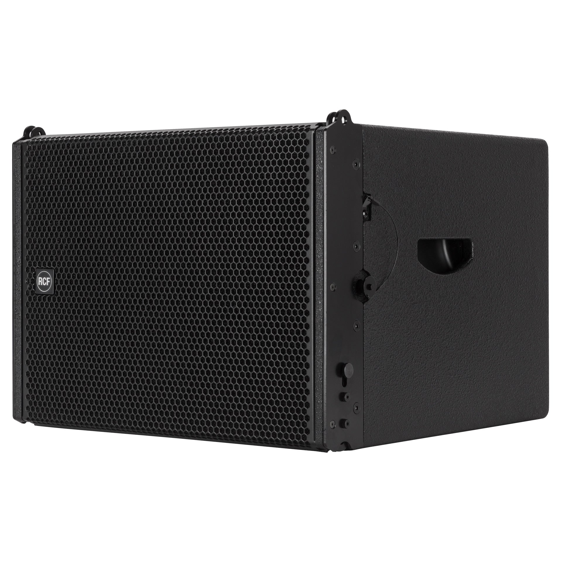 RCF HDL 12-AS Active Flyable High Power Subwoofer left side view showing array fittings and side handle