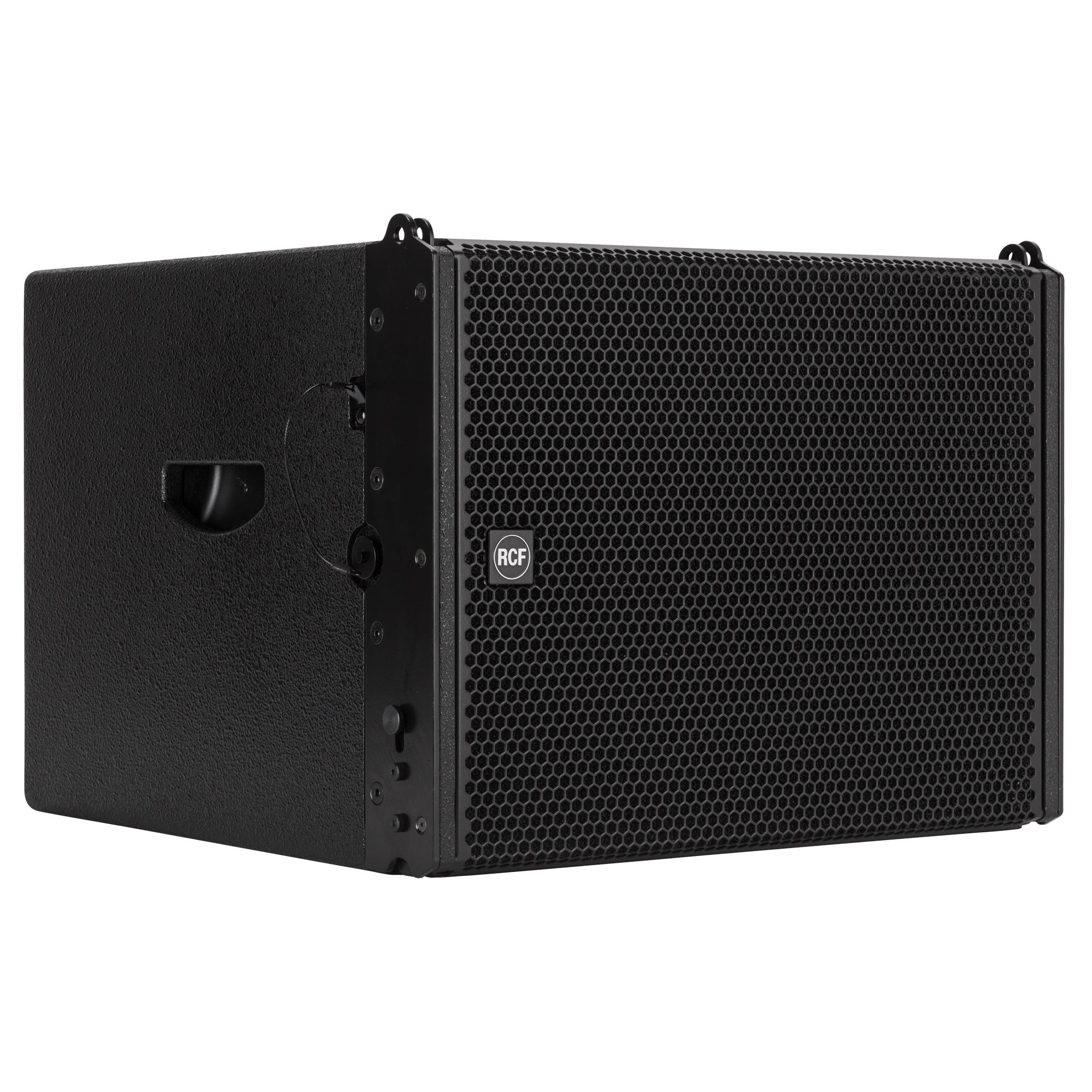 RCF HDL 12-AS Active Flyable High Power Subwoofer right side view showing array fittings and side handle