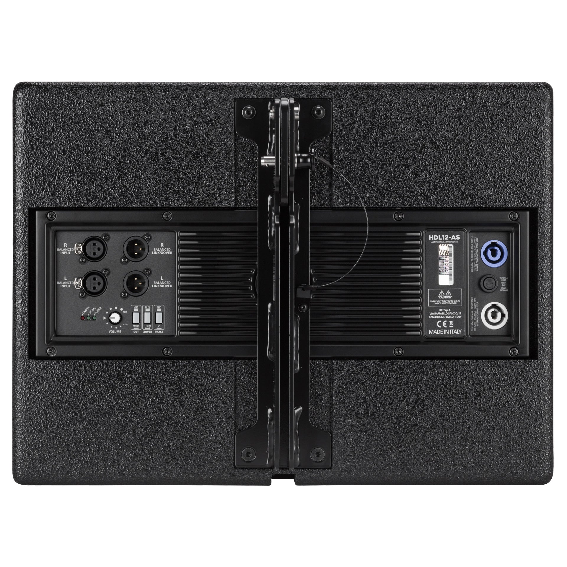 RCF HDL 12-AS Active Flyable High Power Subwoofer back view showing amplifier panel