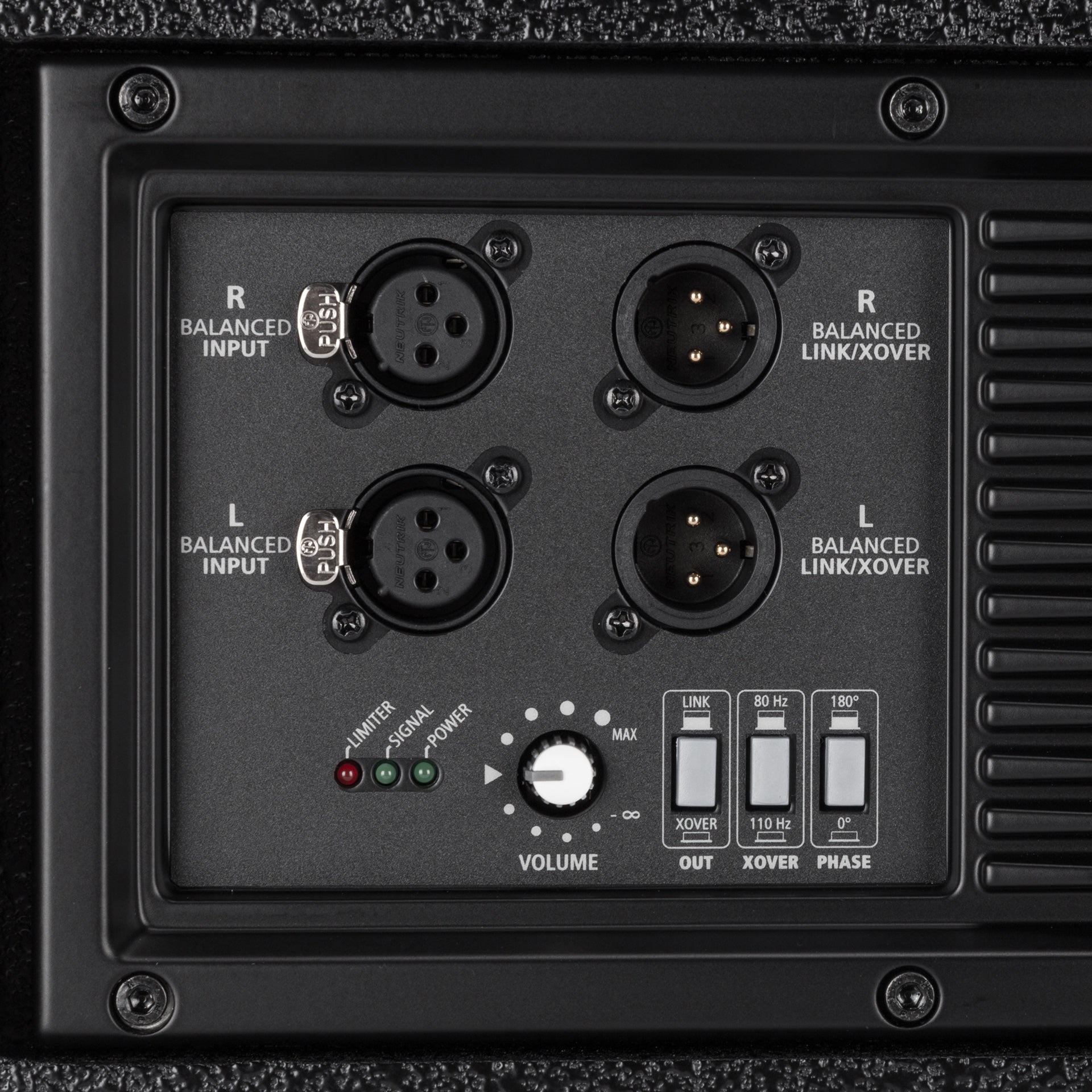 Close-up of RCF HDL 12-AS Active Flyable High Power Subwoofer volume, EQ, phase, and crossover controls
