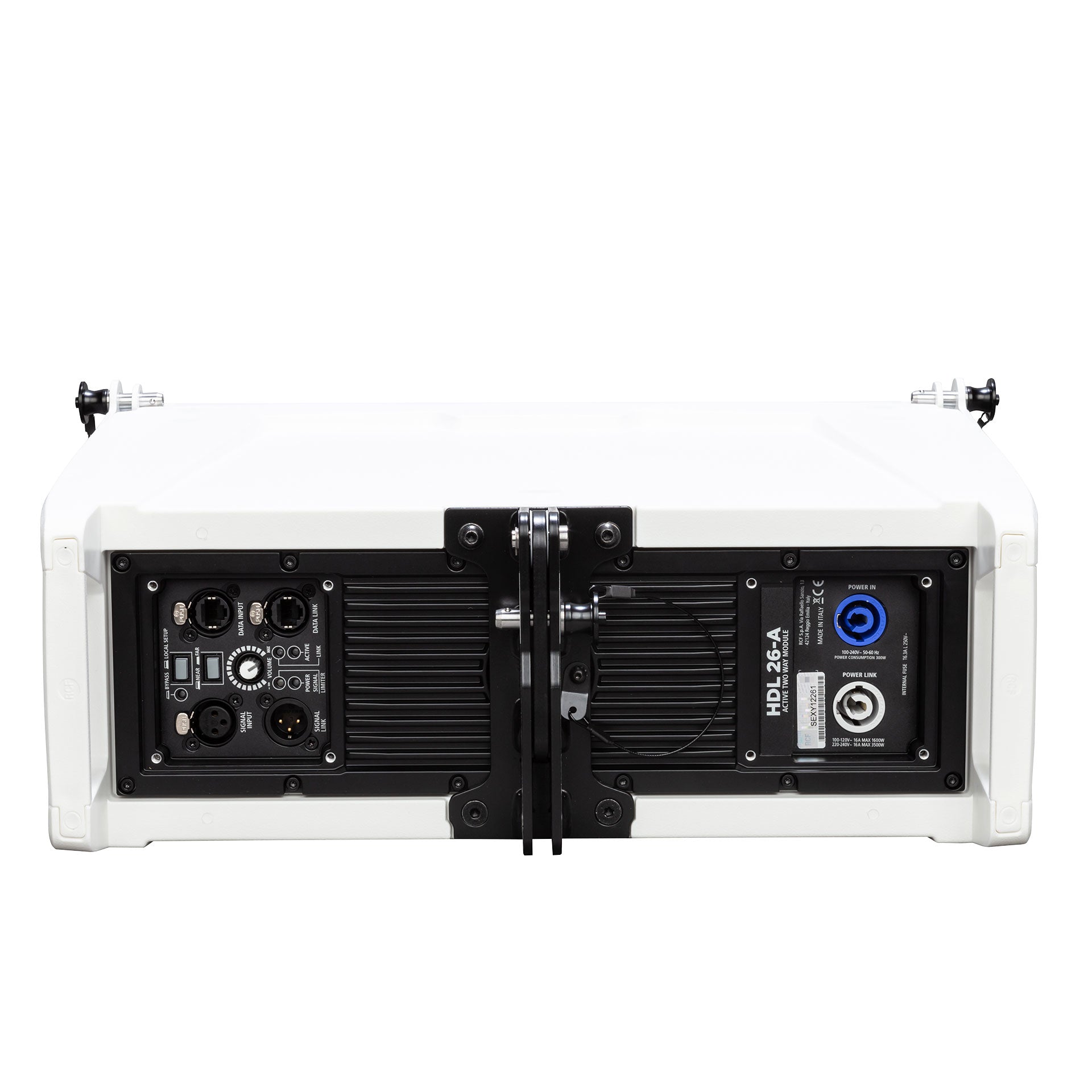 Back-facing RCF HDL 26-A Active Two-Way Line Array Module showing dual back handles and preset controls