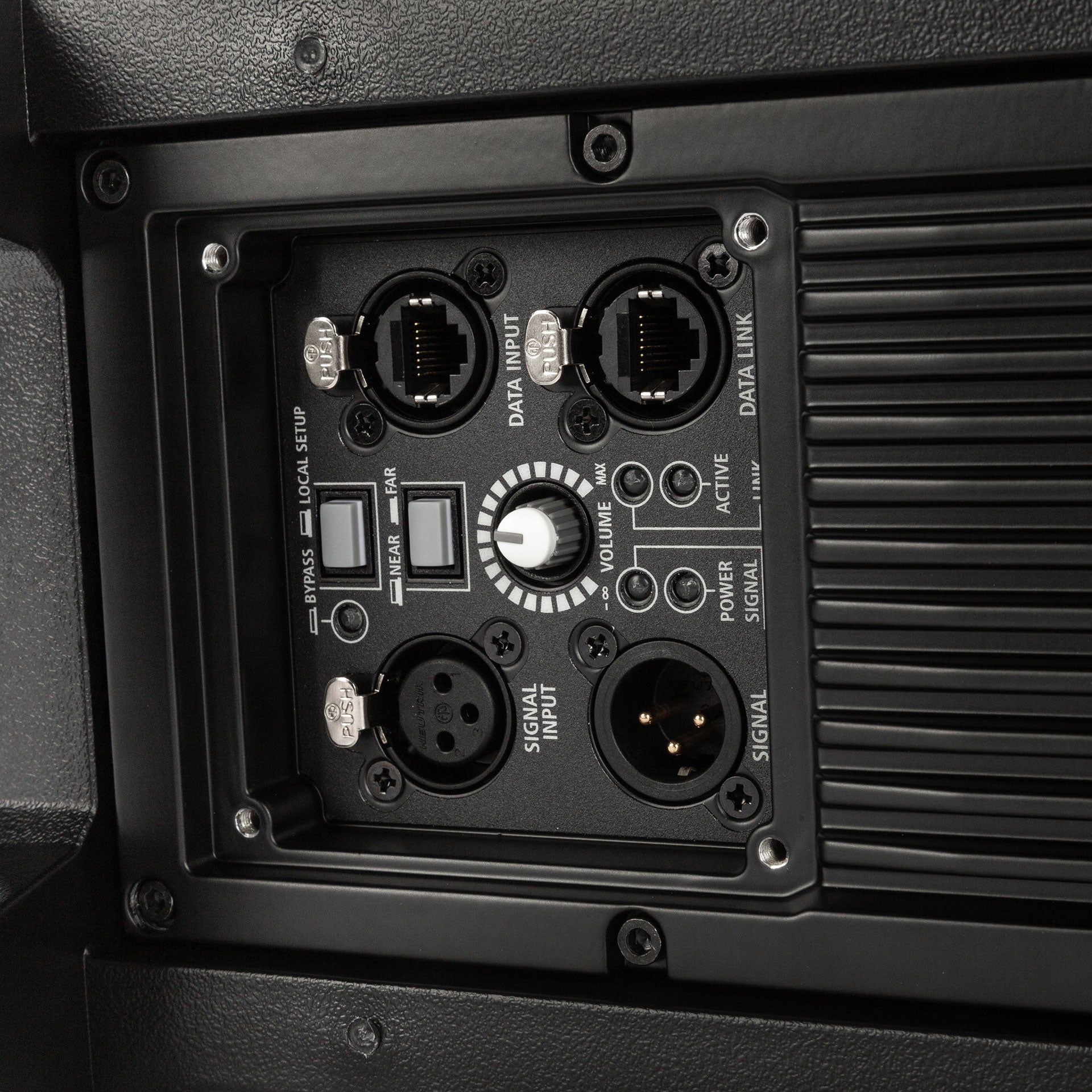 RCF HDL 26-A Active Two-Way Line Array Module Back panel of a piece of electronic equipment with various connectors and labels.