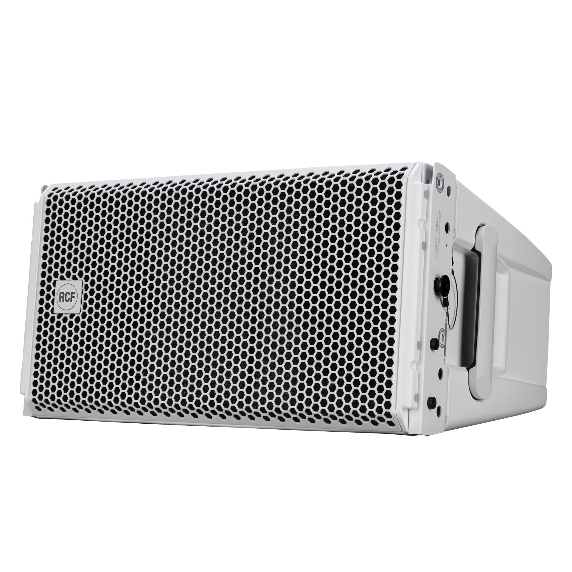 RCF HDL 28-A Active Two-Way Line Array Module left side angle showing rigging rails