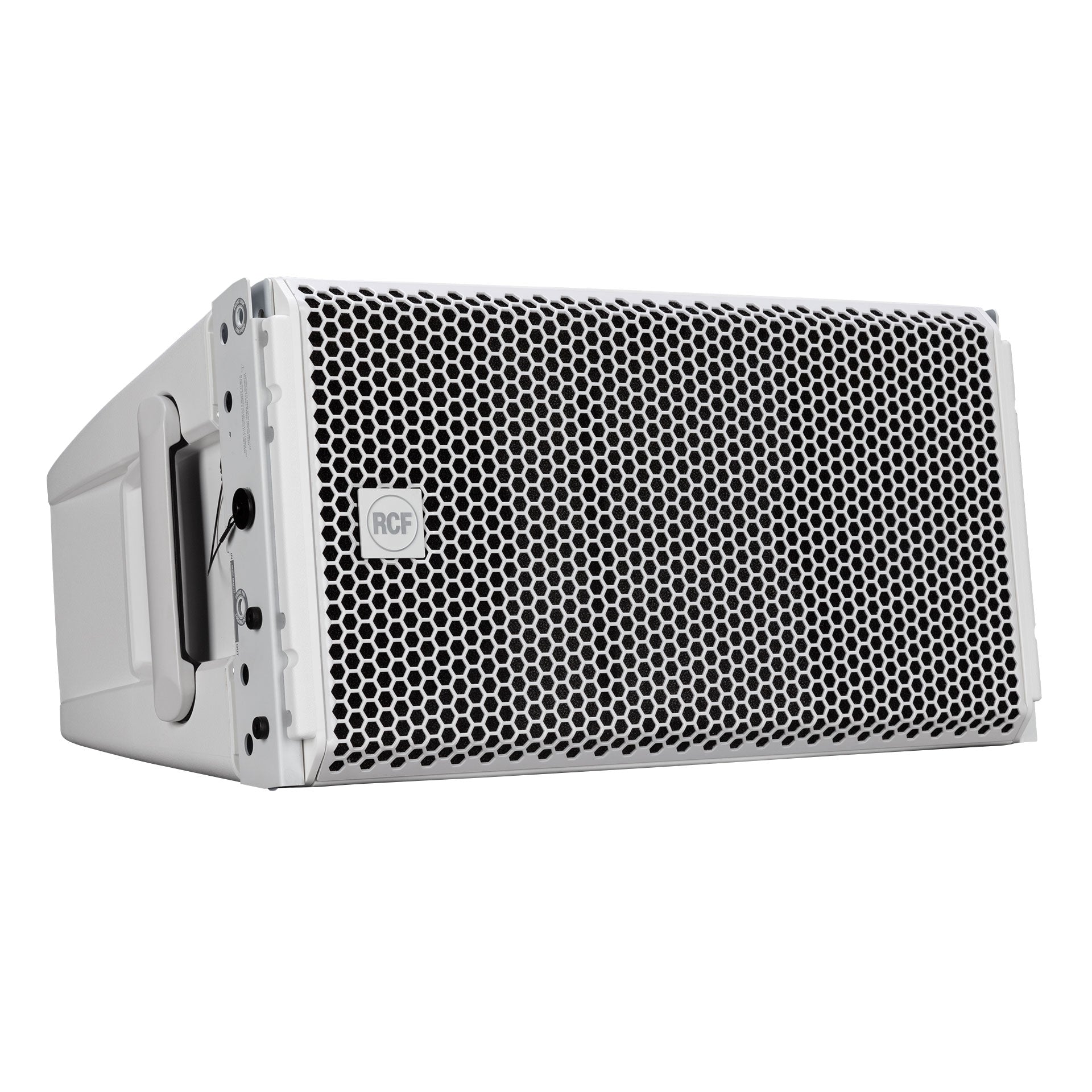 RCF HDL 28-A Active Two-Way Line Array Module right side angle showing rigging rails