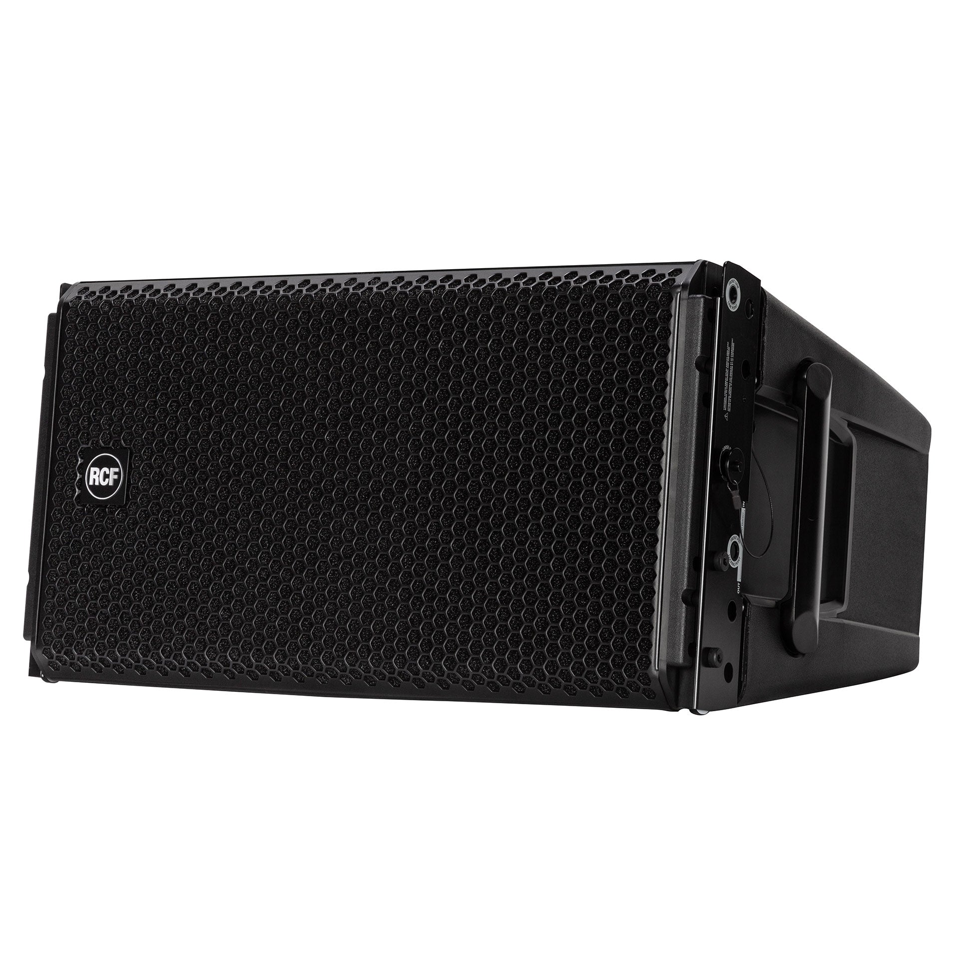 RCF HDL 28-A Active Two-Way Line Array Module left side view showing array fittings