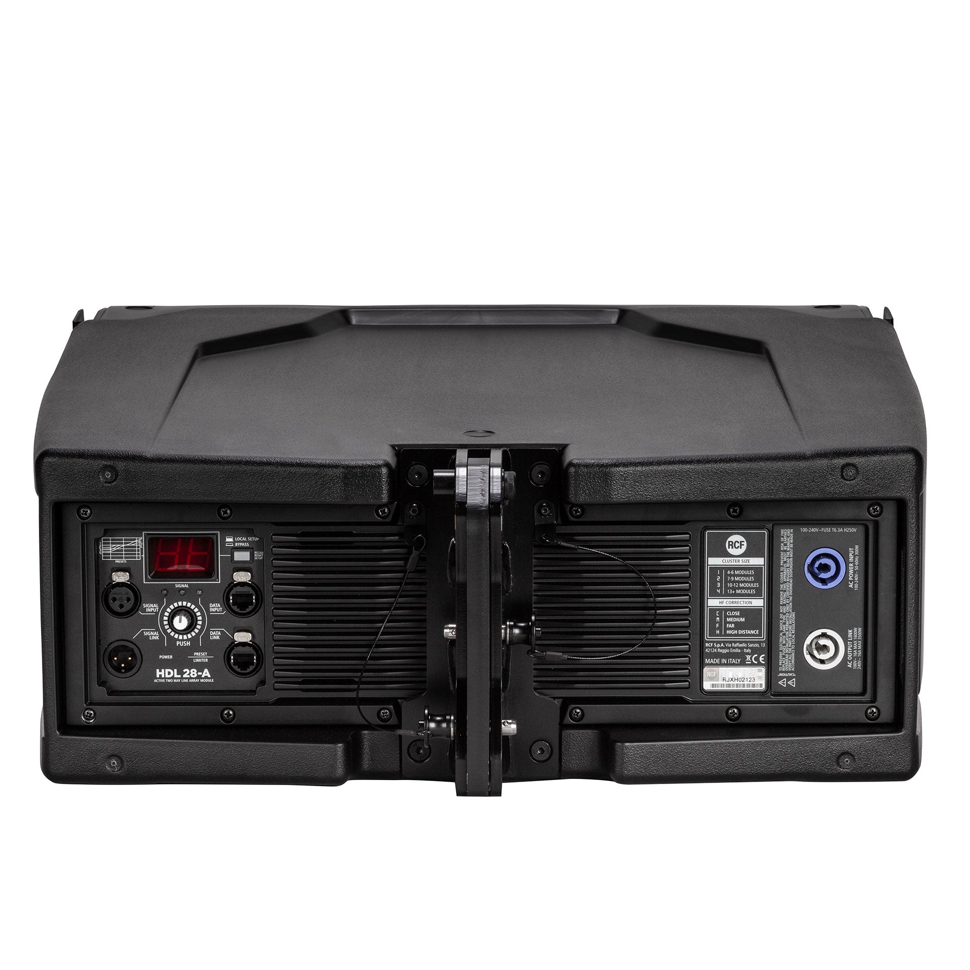 RCF HDL 28-A Active Two-Way Line Array Module back view showing amplifier pane