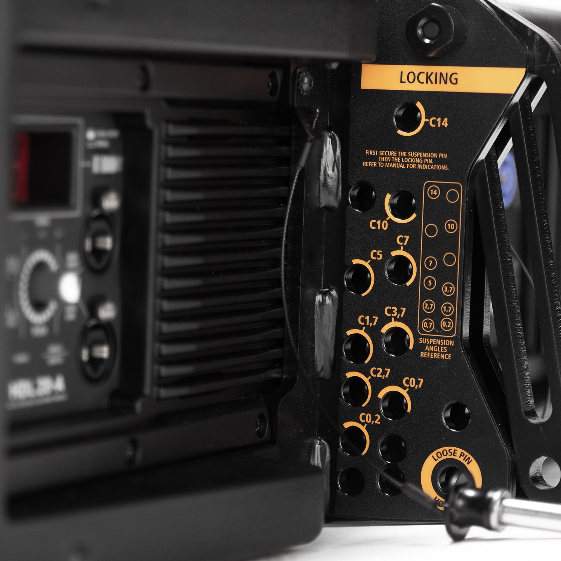 Close-up of RCF HDL 28-A Active Two-Way Line Array Module Powercon IN/OUT connectors