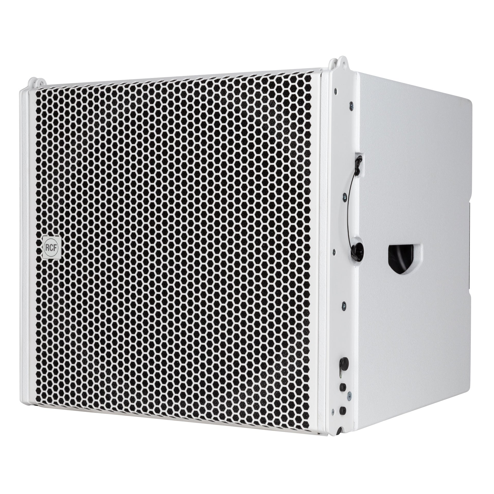 Left-side profile of RCF HDL 35-AS Active Flyable Subwoofer Module showing cabinet depth