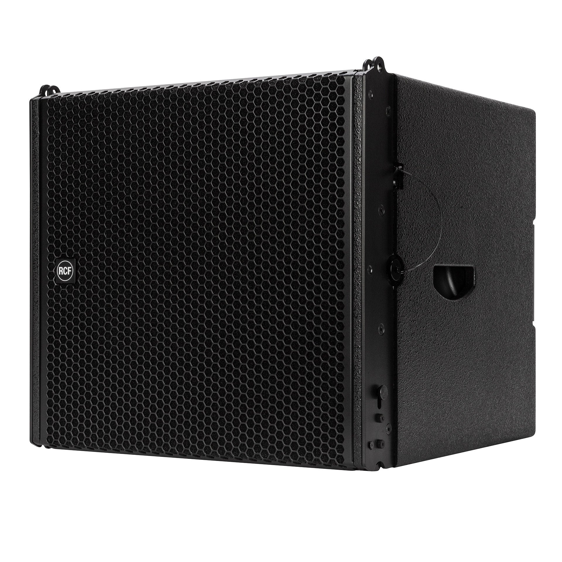 RCF HDL 35-AS Active Flyable Subwoofer Module left side view showing array fittings and side handle