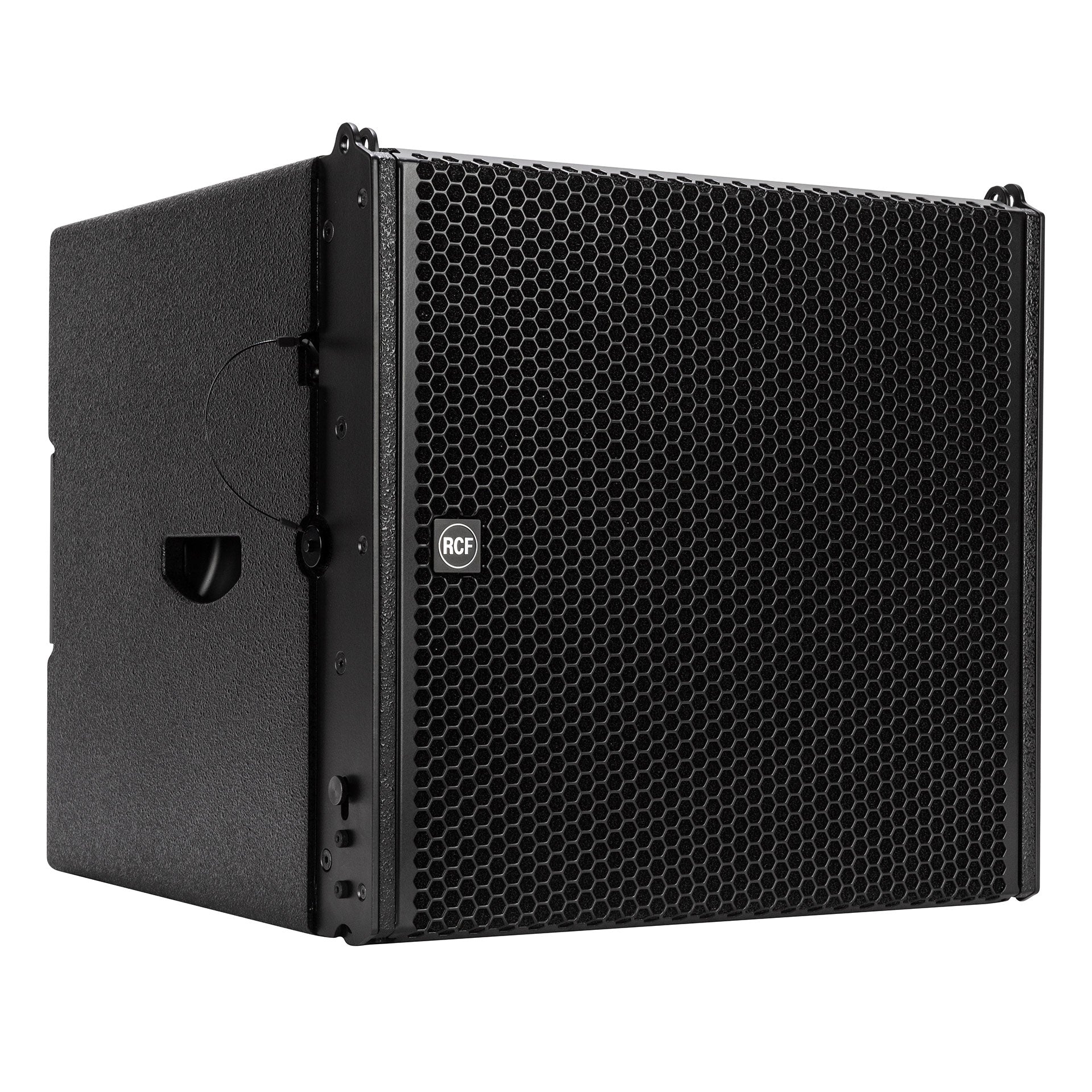 RCF HDL 35-AS Active Flyable Subwoofer Module right side view showing array fittings and side handle