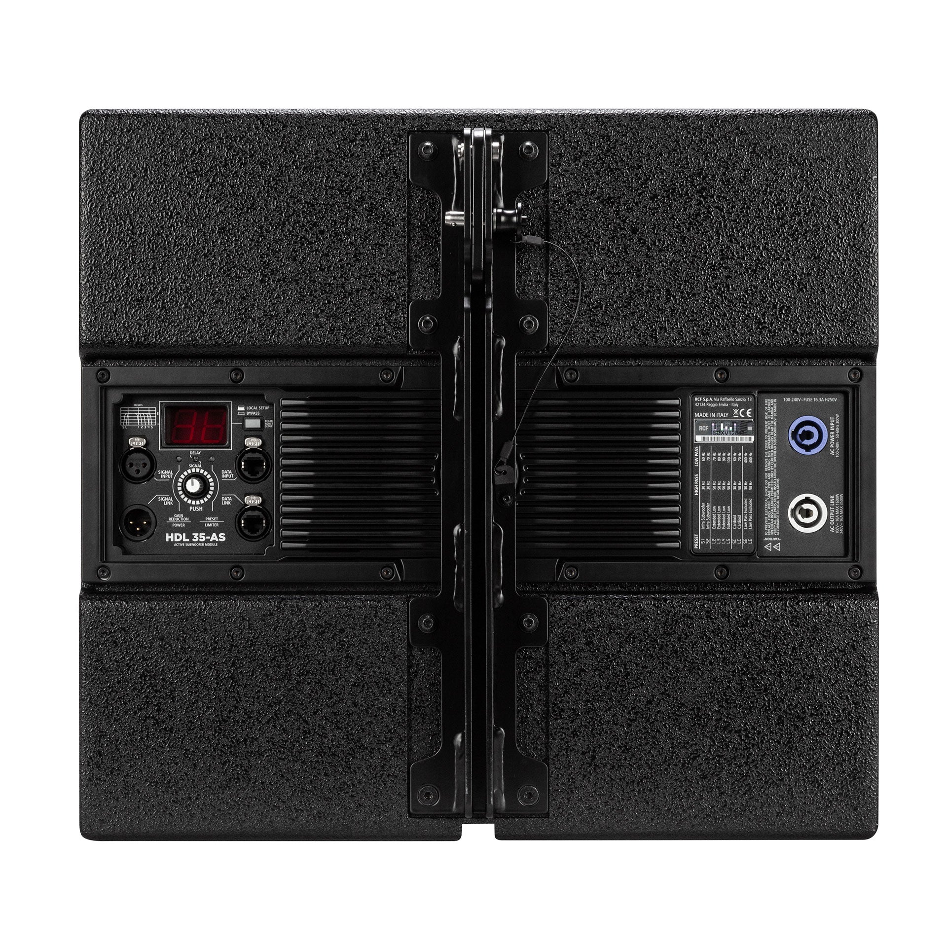 RCF HDL 35-AS Active Flyable Subwoofer Module flown above an HDL line-array cluster
