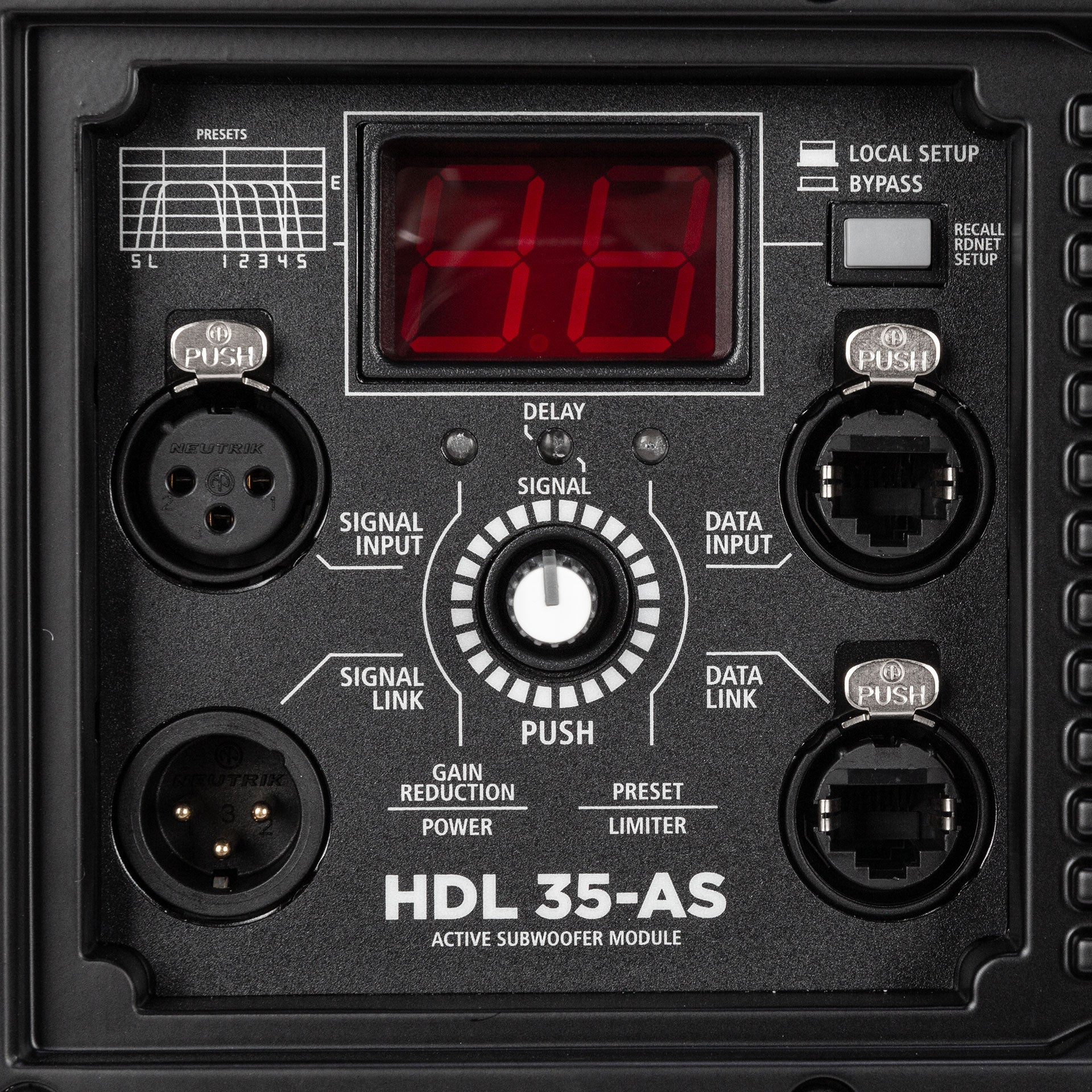 Close-up of RCF HDL 35-AS Active Flyable Subwoofer Module Powercon IN/OUT connectors