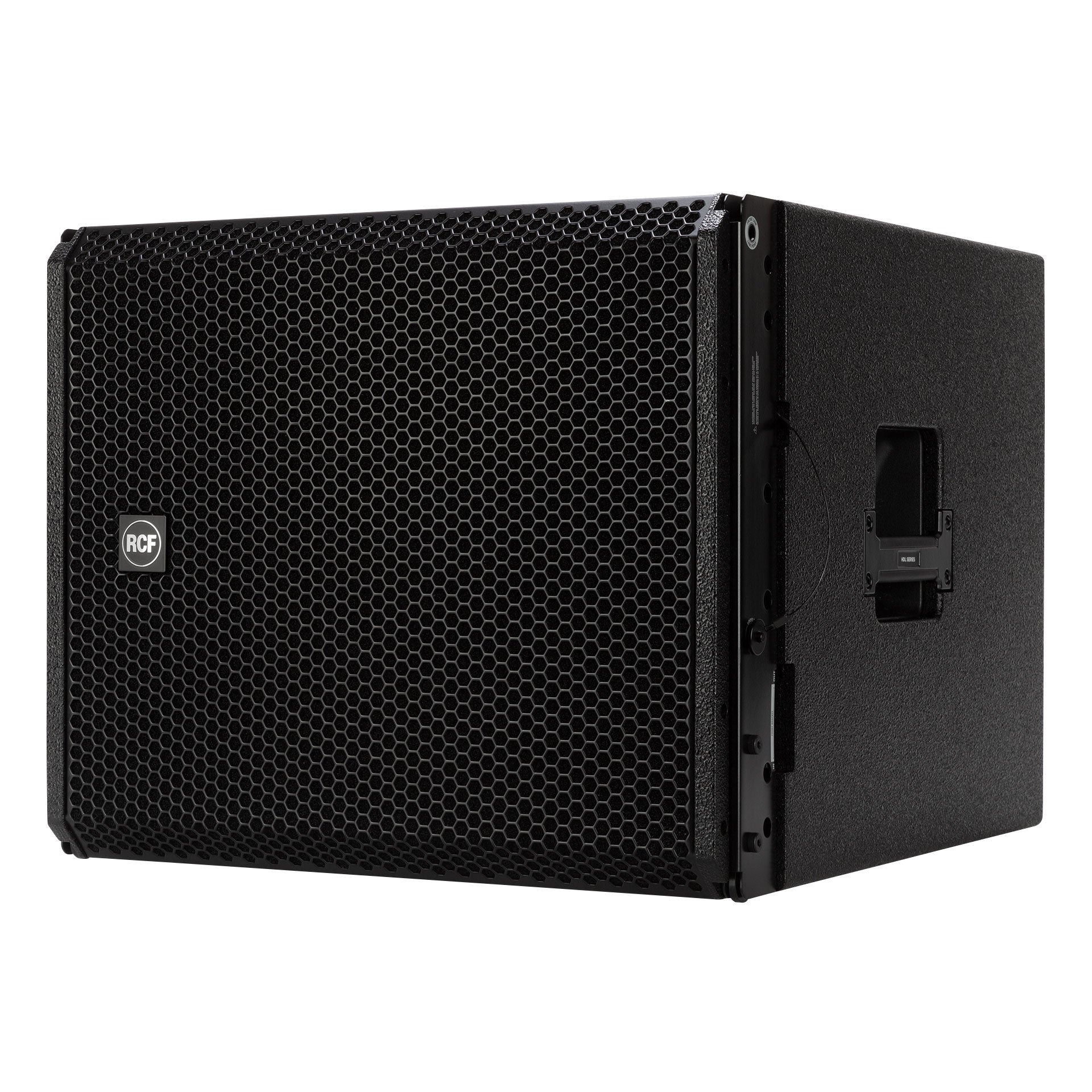 RCF HDL 36-AS Active Flyable Subwoofer Module left side view showing array fittings and side handle