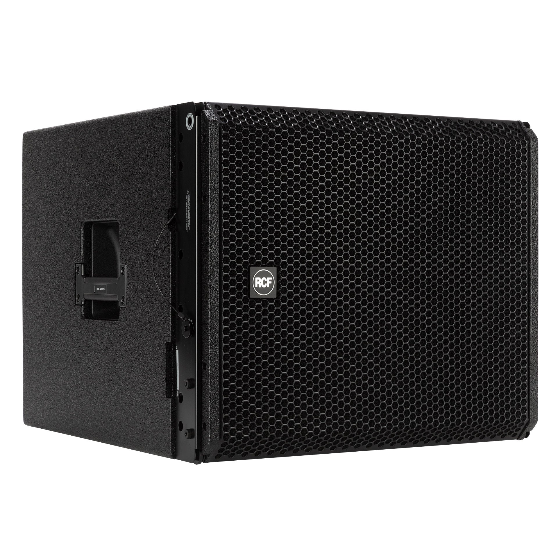 RCF HDL 36-AS Active Flyable Subwoofer Module right side view showing array fittings and side handle