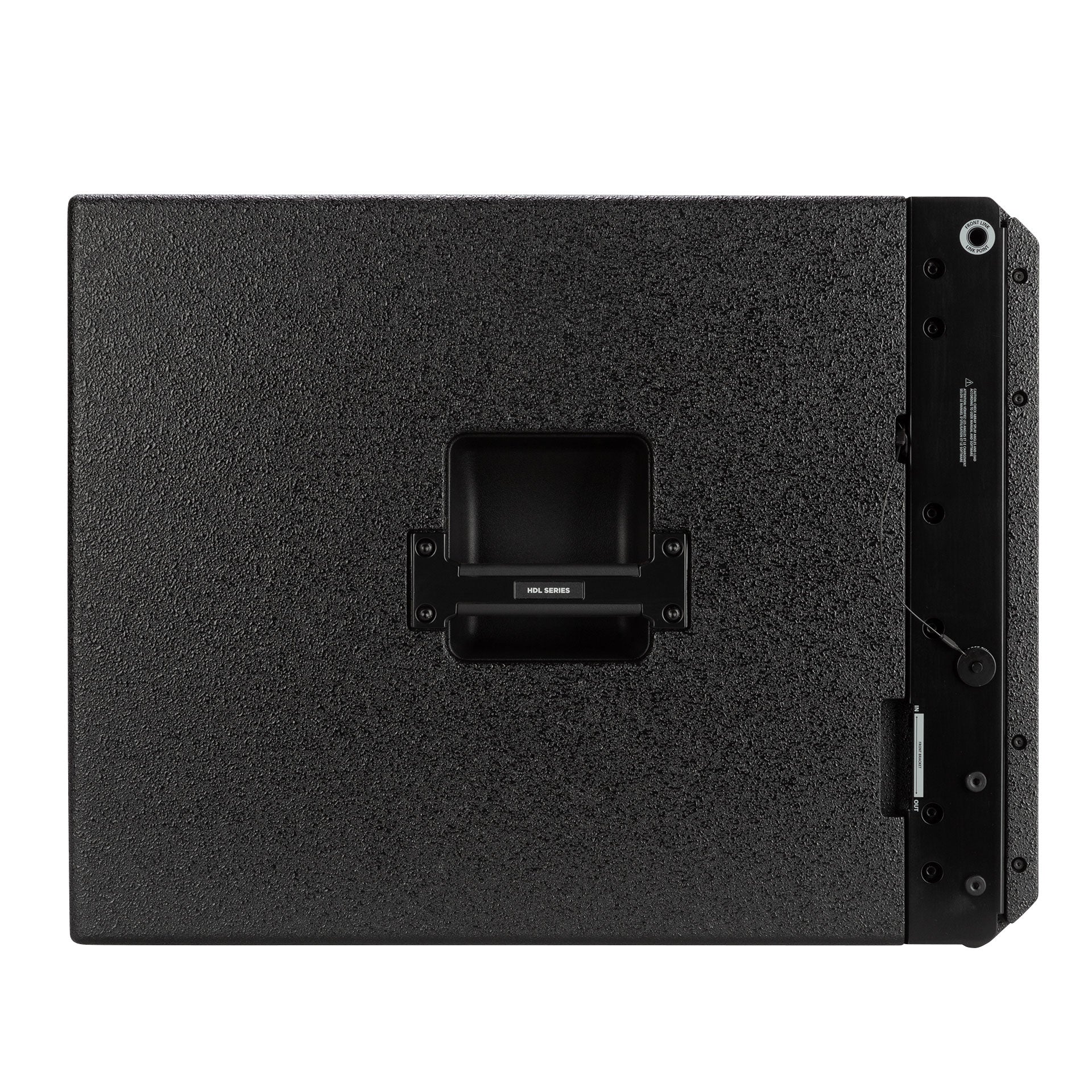 Side profile of RCF HDL 36-AS Active Flyable Subwoofer Module showing cabinet depth