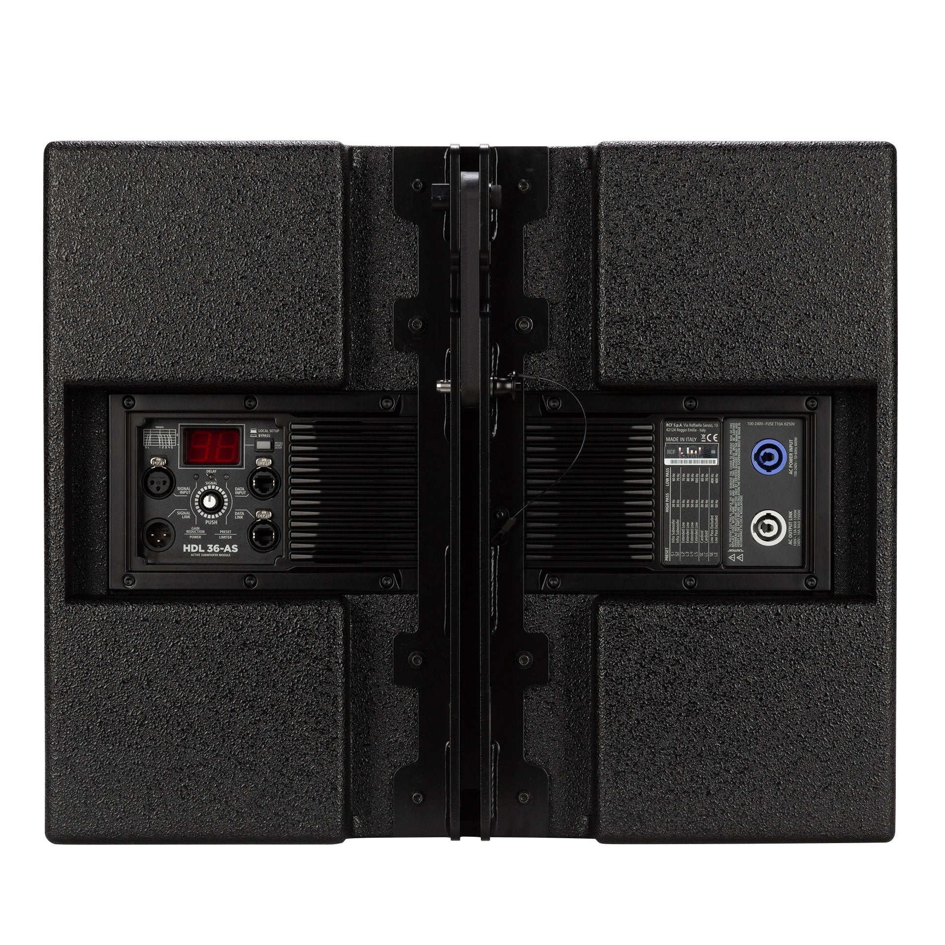 RCF HDL 36-AS Active Flyable Subwoofer Module back view showing amplifier panel