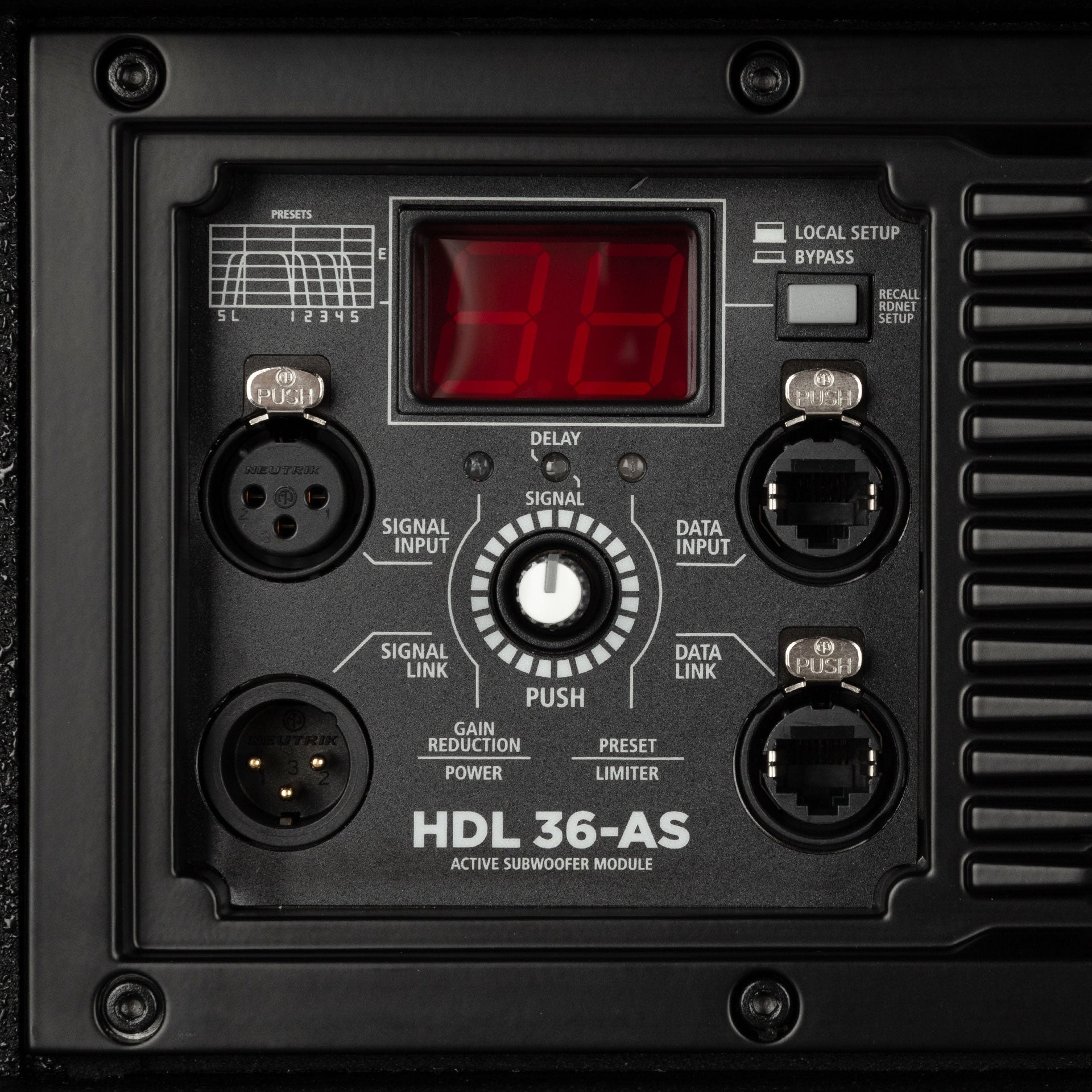 RCF HDL 36-AS Active Flyable Subwoofer Module array fittings close-up