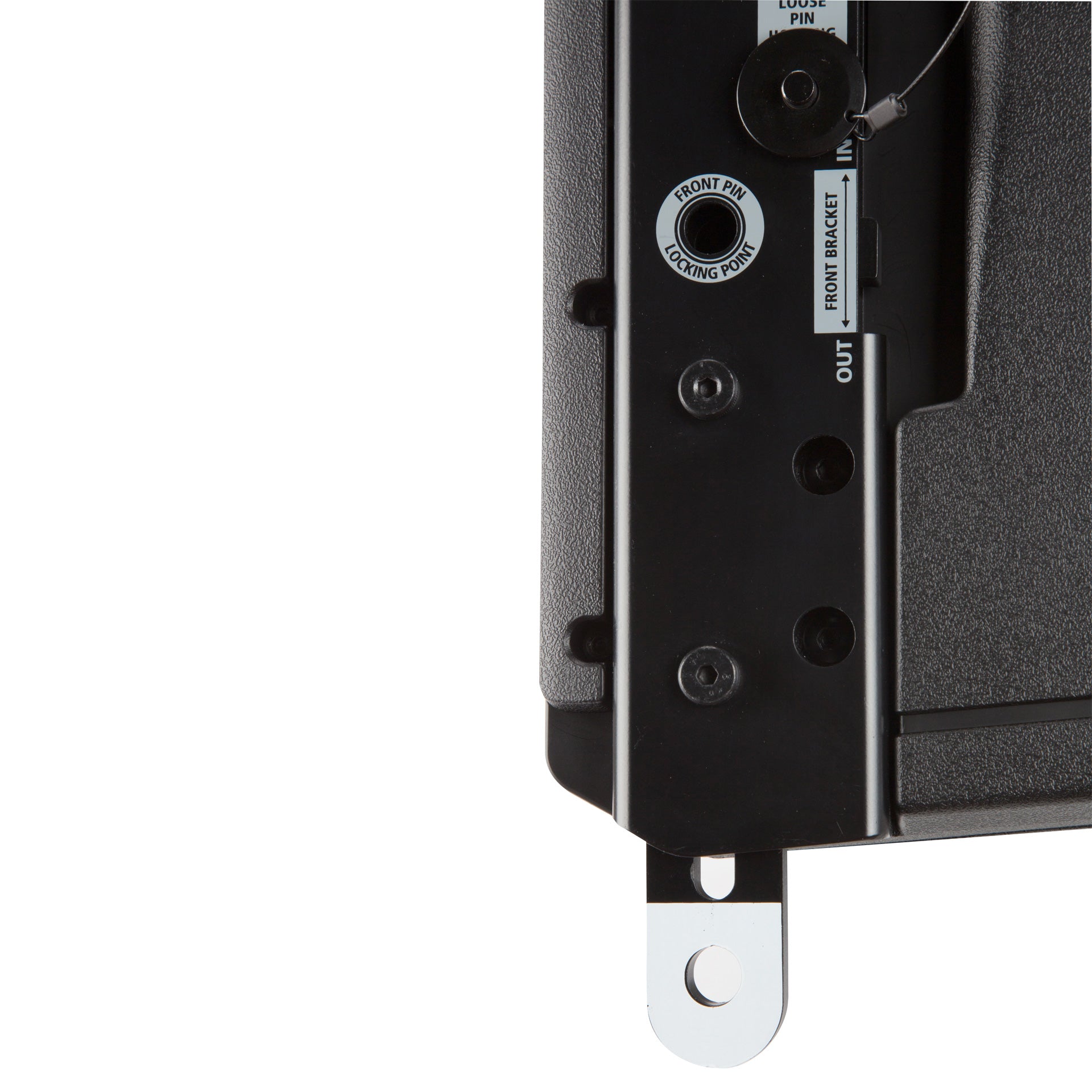 Close-up of RCF HDL 50-A 4K Active Three-Way Line Array Module quick-release rigging pins