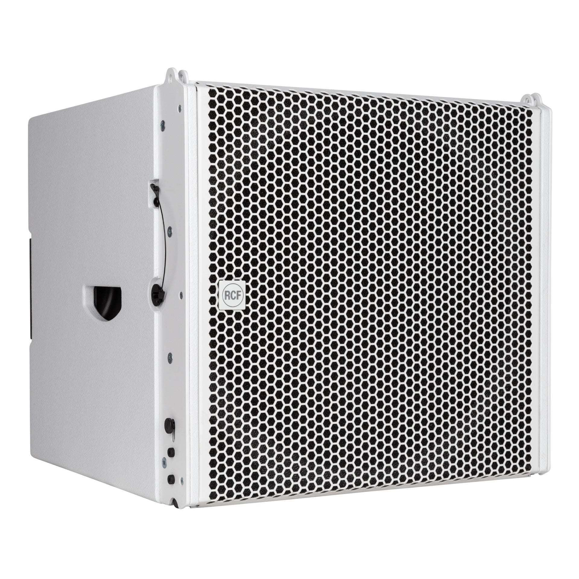 Right-side profile of RCF HDL 35-AS Active Flyable Subwoofer Module showing cabinet depth