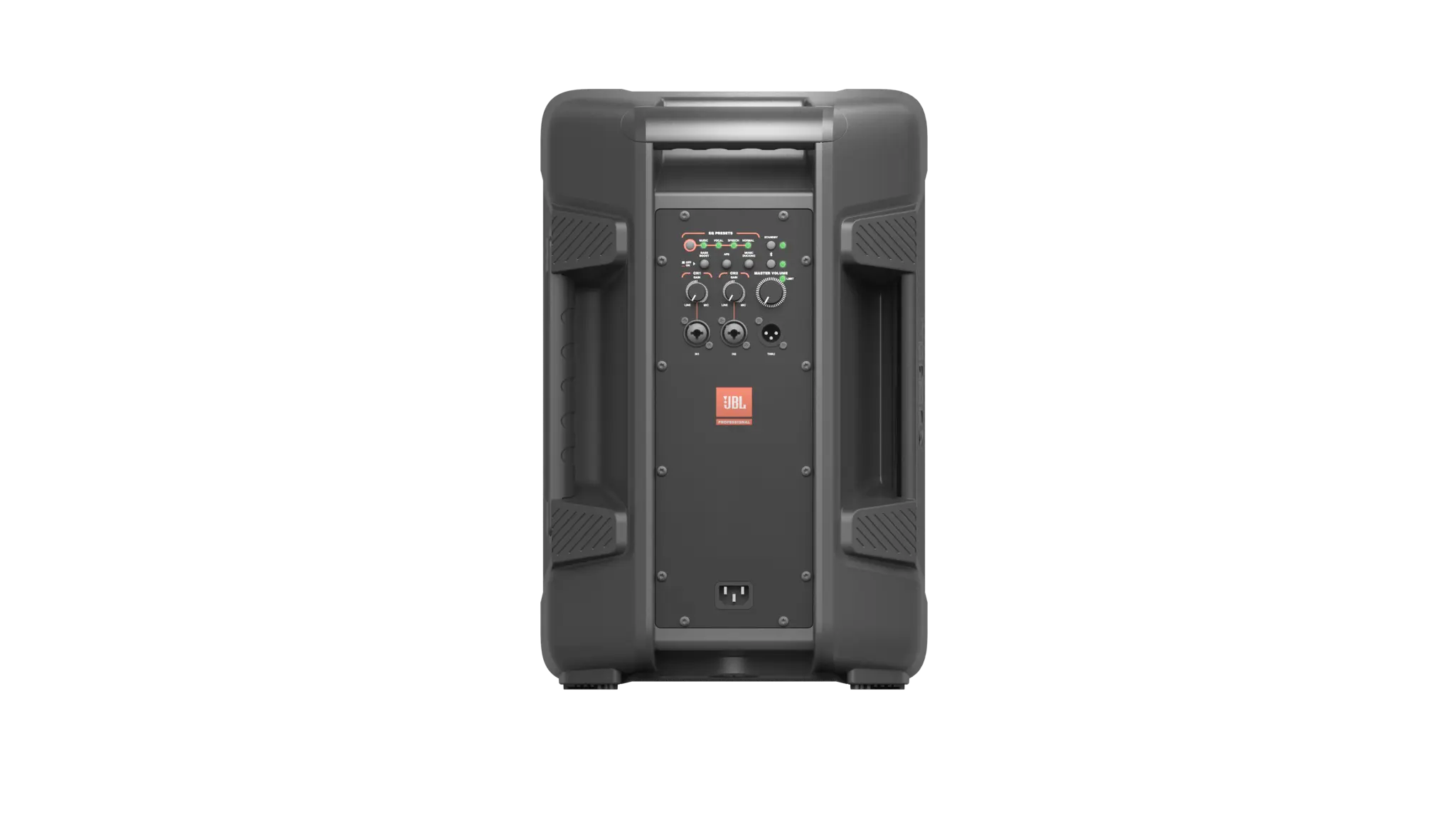 JBL IRX108BT Powered 8 Inch Portable PA Loudspeaker  with Bluetooth back view showing integrated mixer panel