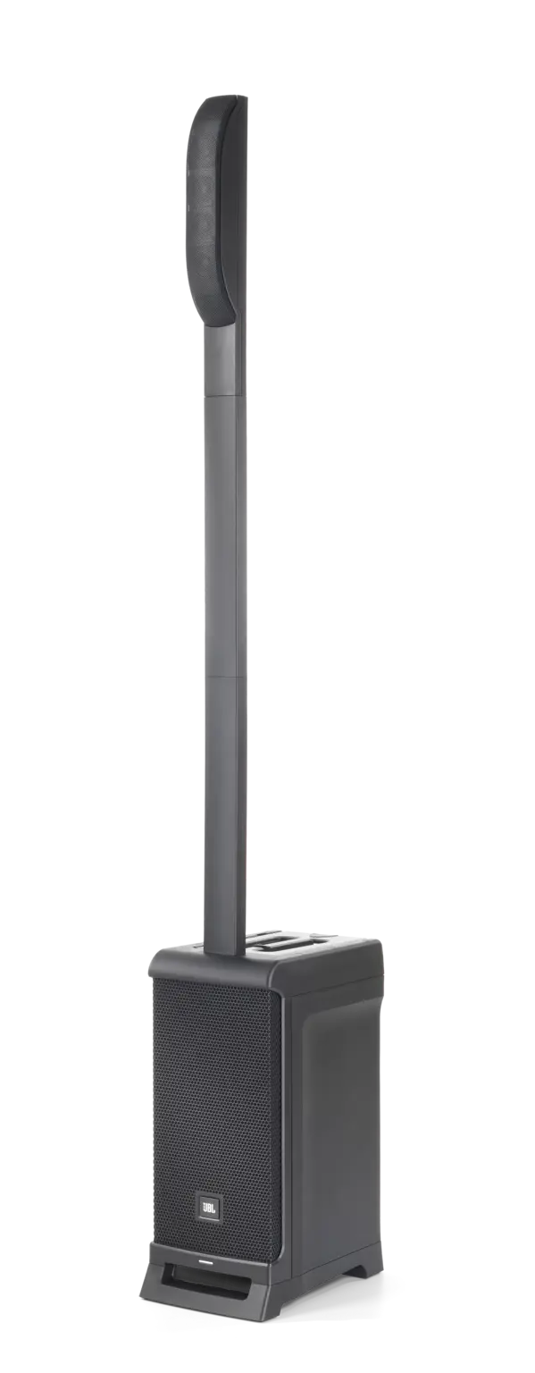 Left-side profile of JBL IRX ONE All-in-One Column PA showing base cabinet depth