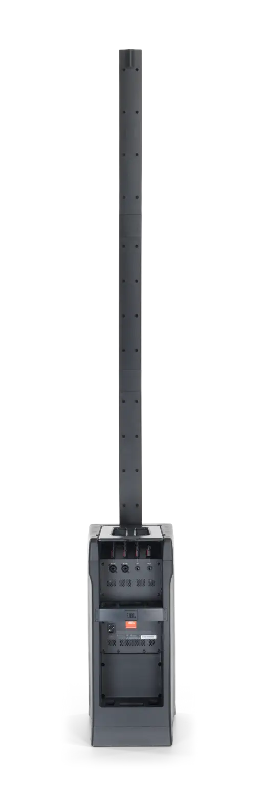 JBL IRX ONE All-in-One Column PA rear panel showing XLR/TRS inputs and Bluetooth controls
