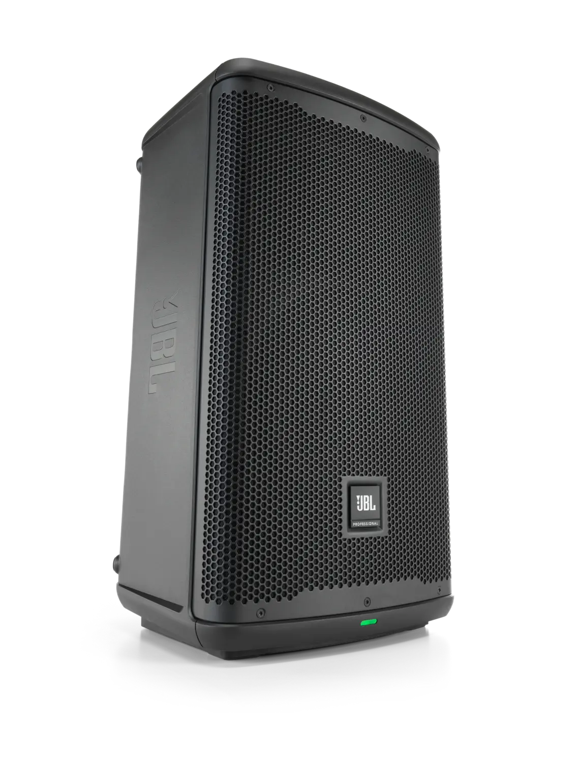 JBL EON710 10-inch Powered PA Speaker with Bluetooth three-quarter angle view showing front and side