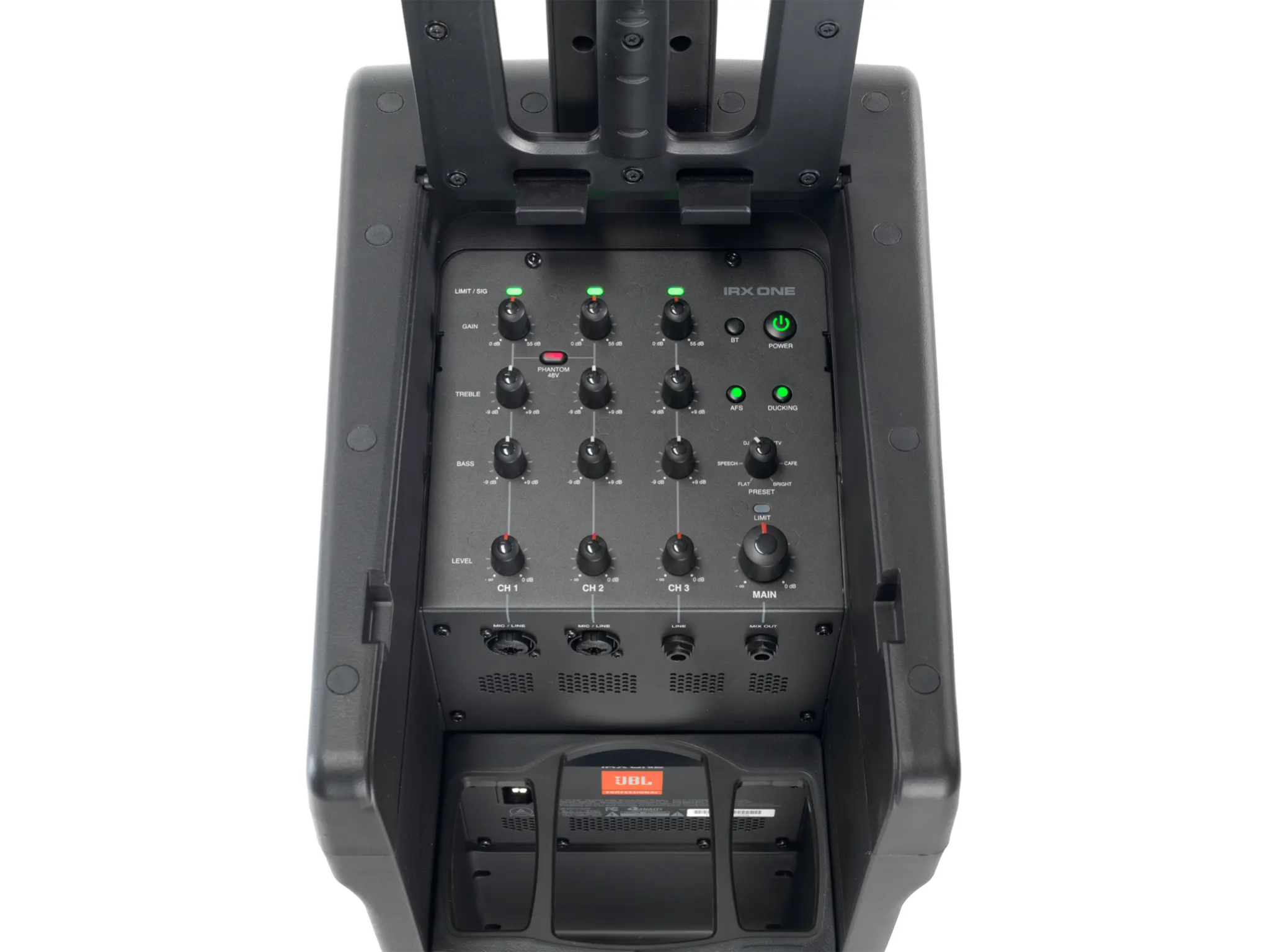 JBL IRX ONE Mixer section Control panel of a piece of audio equipment with various knobs and indicators on a white background
