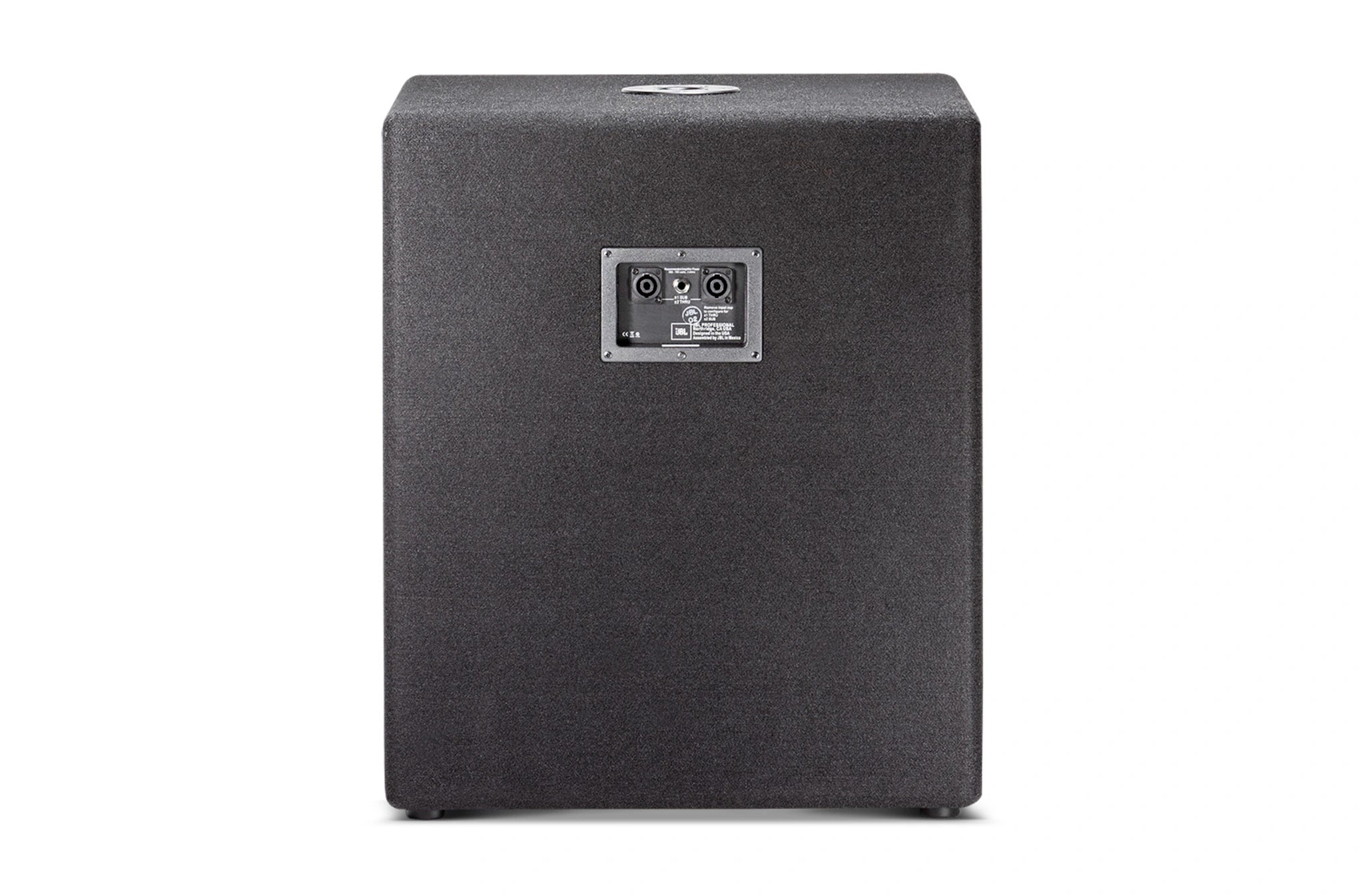 Back-facing JBL JRX218S 18" Compact Subwoofer showing carpet-covered MDF cabinet