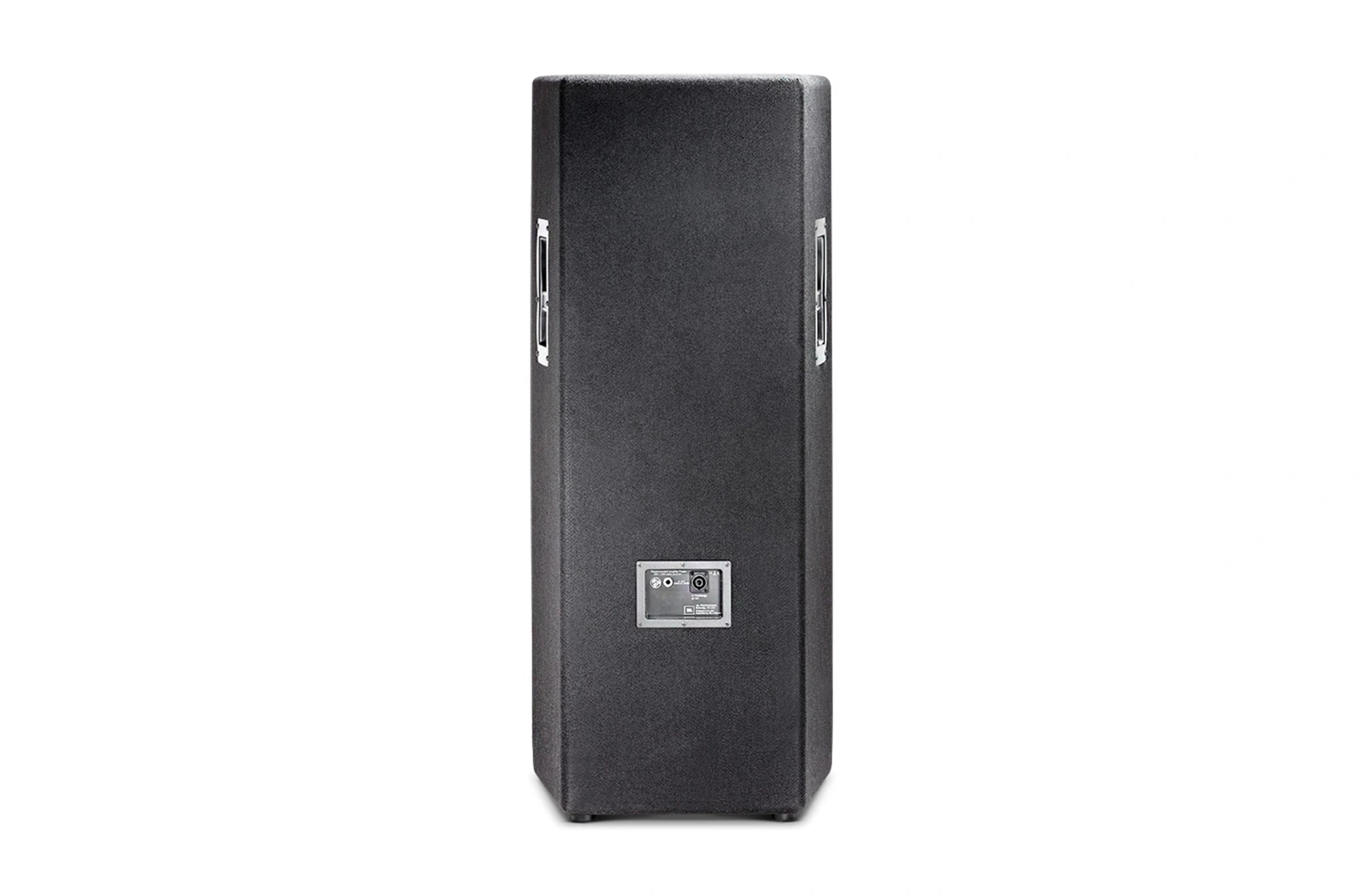 Back-facing JBL JRX225 Dual 15" Two-Way Sound Reinforcement Loudspeaker showing carpet-covered MDF cabinet