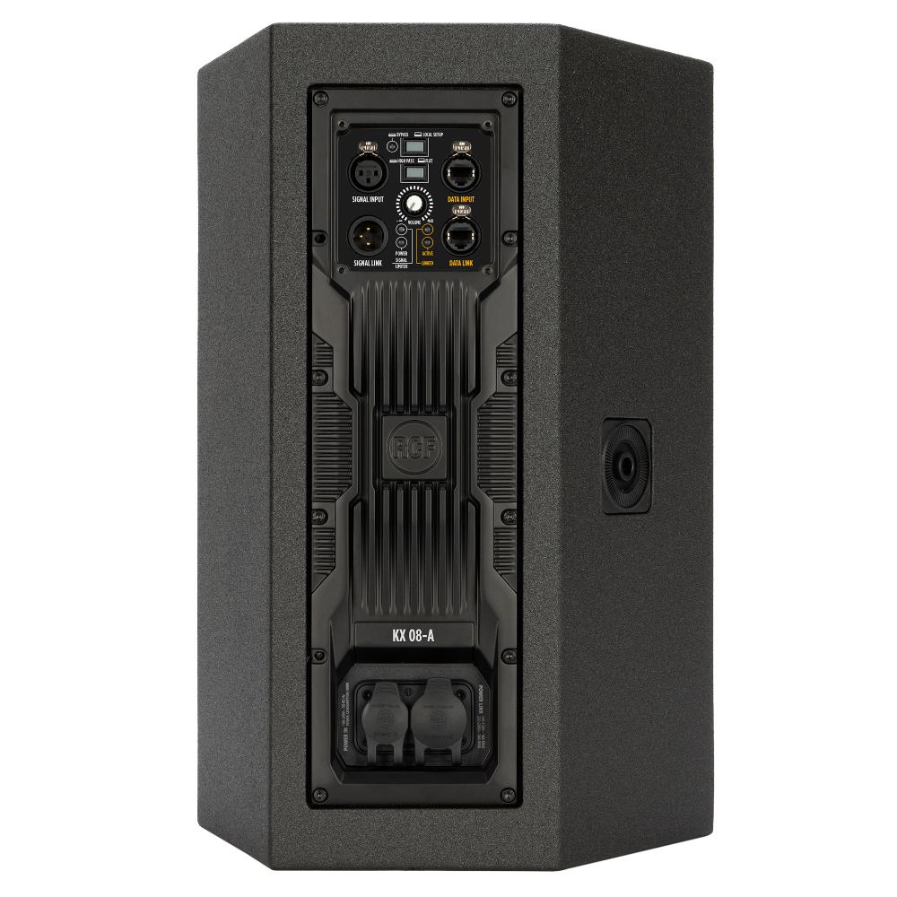 RCF KX 08-A High-Performance 2-Way Point-Source Active Speaker rear panel showing XLR and RDNet Ethercon in/out and Powercon TRUE1 connectors