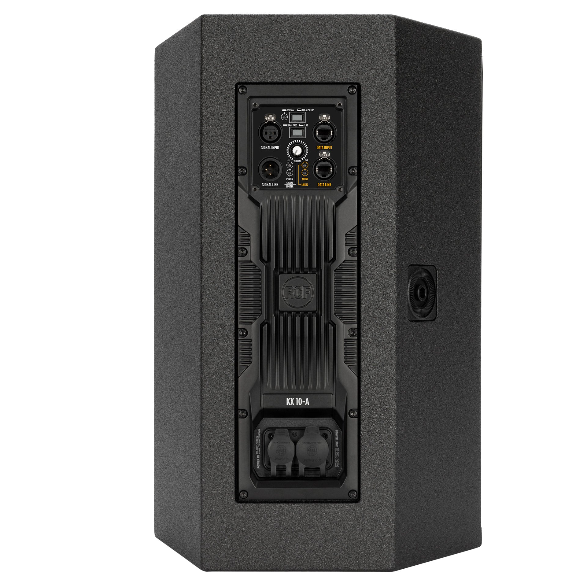 Back-facing RCF KX 10-A High-Performance 2-Way Point-Source Active Speaker showing bypass, preset, and volume controls
