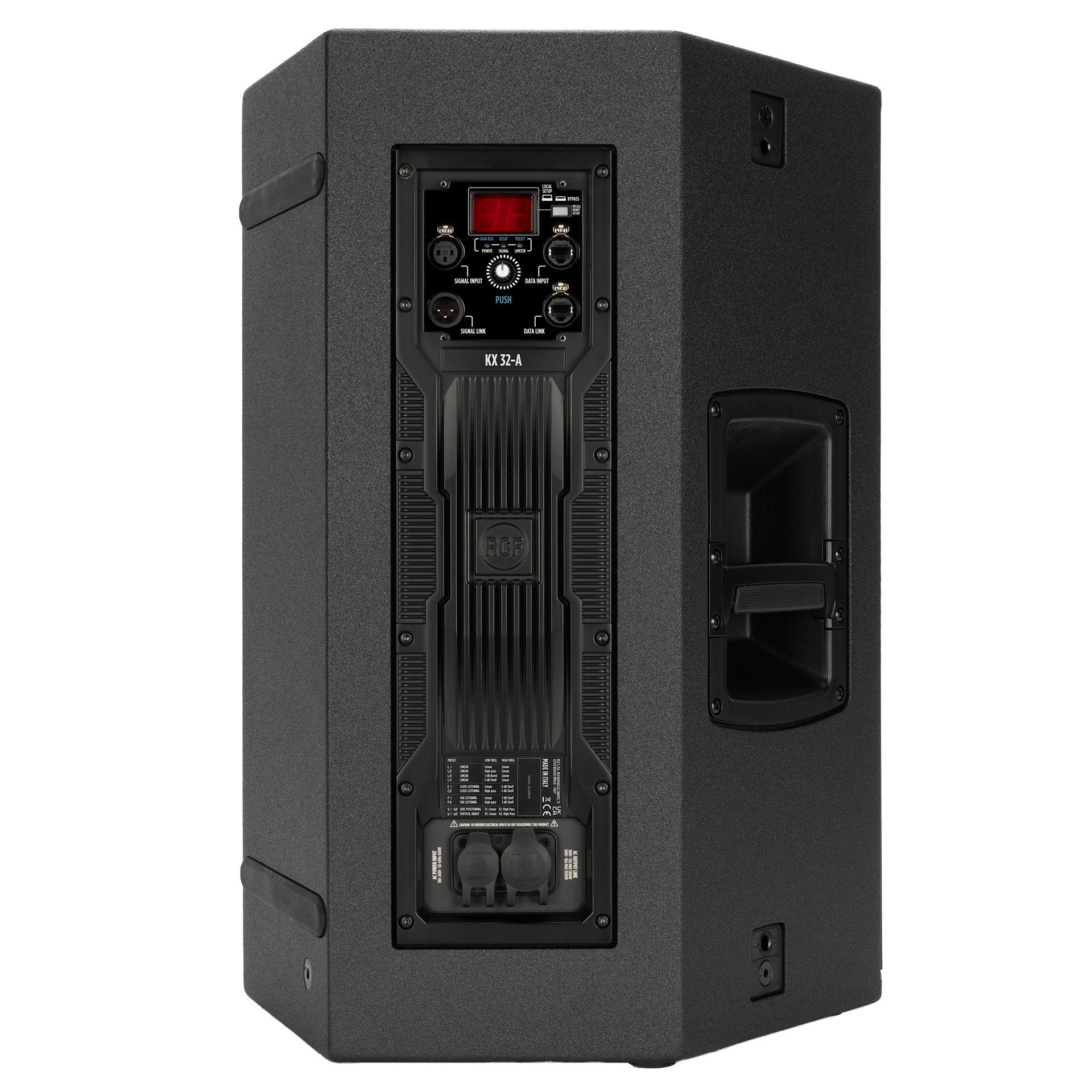 Back-facing RCF KX 32-A High-Performance 2-Way Point-Source Active Speaker showing gain reduction, processing, and preset controls