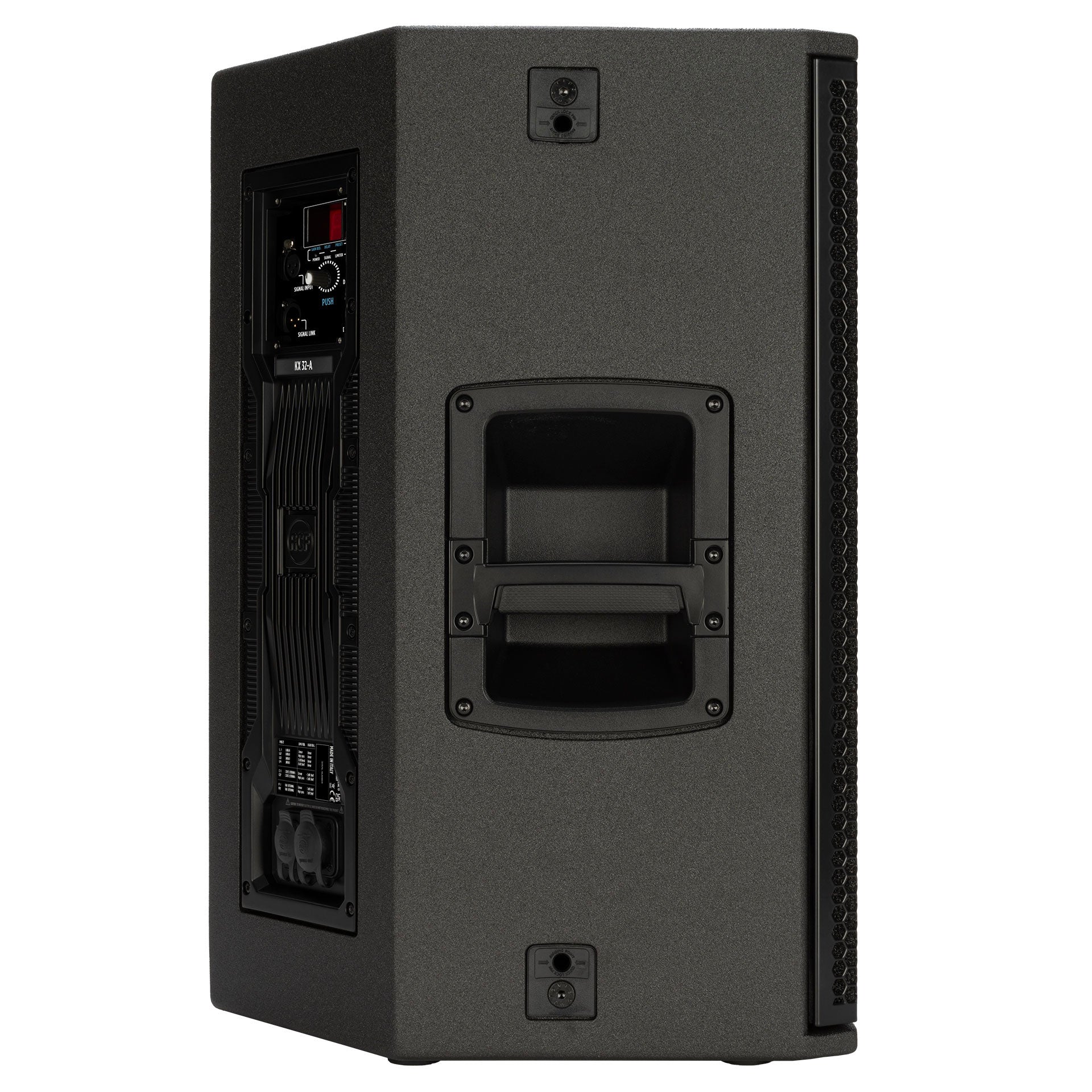 RCF KX 32-A High-Performance 2-Way Point-Source Active Speaker right side view showing cabinet profile
