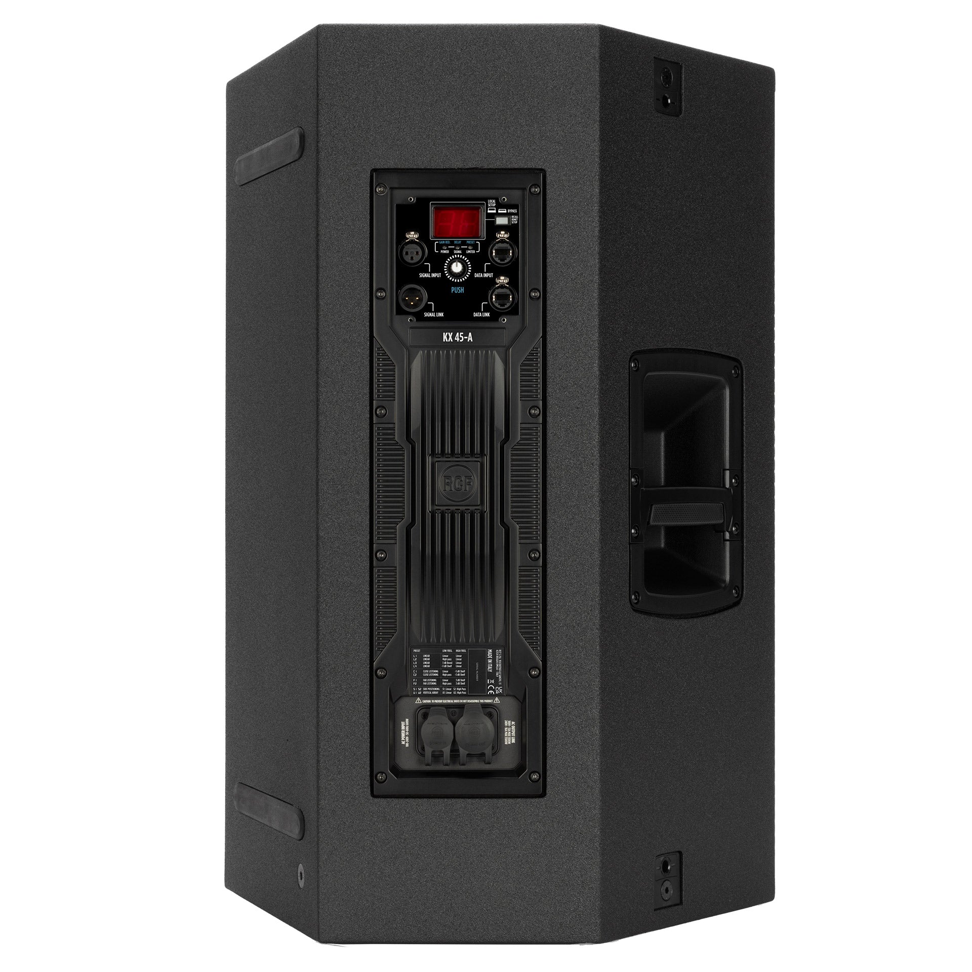 Back-facing RCF KX 45-A Two-Way Point-Source Active Speaker showing gain reduction, processing, and preset controls