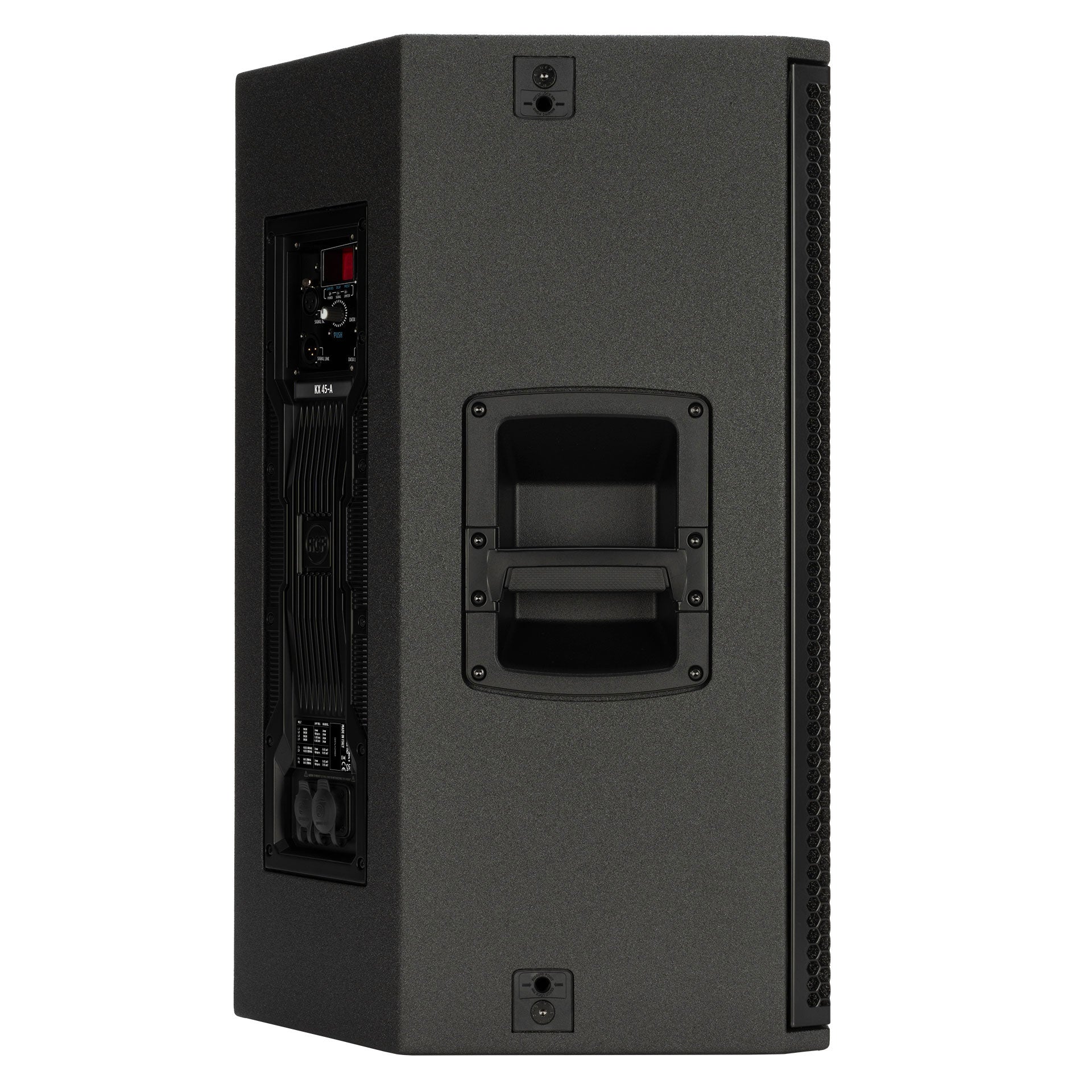 Right-side profile of RCF KX 45-A Two-Way Point-Source Active Speaker showing cabinet depth