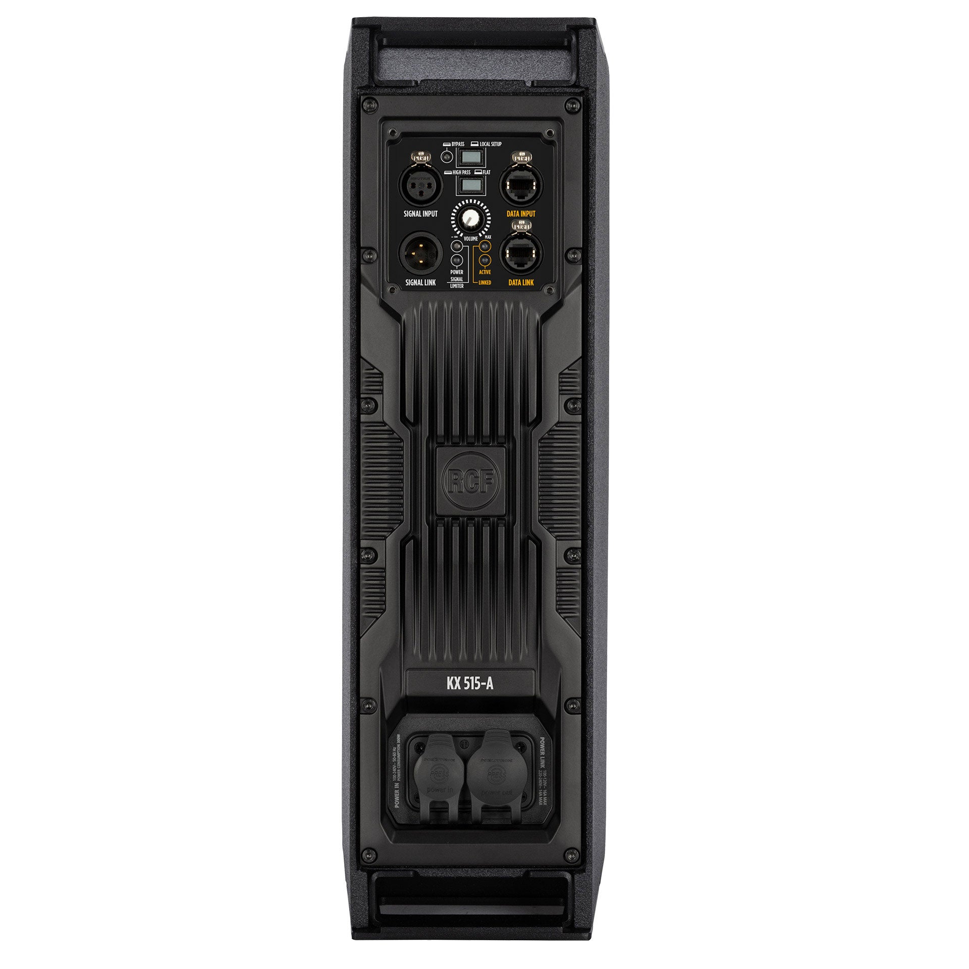 Back-facing RCF KX 515-A High-Performance 2-Way Point-Source Active Speaker showing bypass, preset, and volume controls